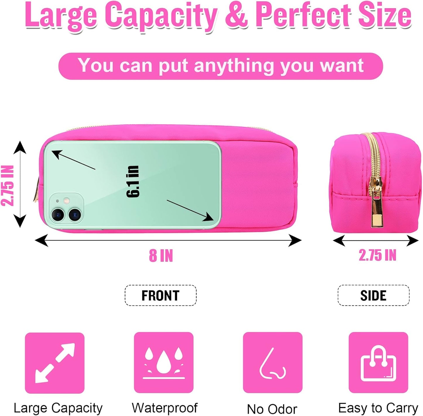 Izuzt Nylon Small Makeup Bag, Slim Pouch - Preppy Cute Makeup Brush Case, Cosmetic Zipper Pouch for Purse, Waterproof Travel Toiletry Bag Clutch, Makeup Organizer for Women & Girls (Hot Pink)