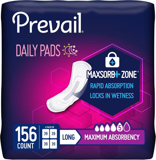 Prevail Incontinence Bladder Control Pads for Women, Maximum Absorbency, Long Length, 39 Count (Pack of 4)