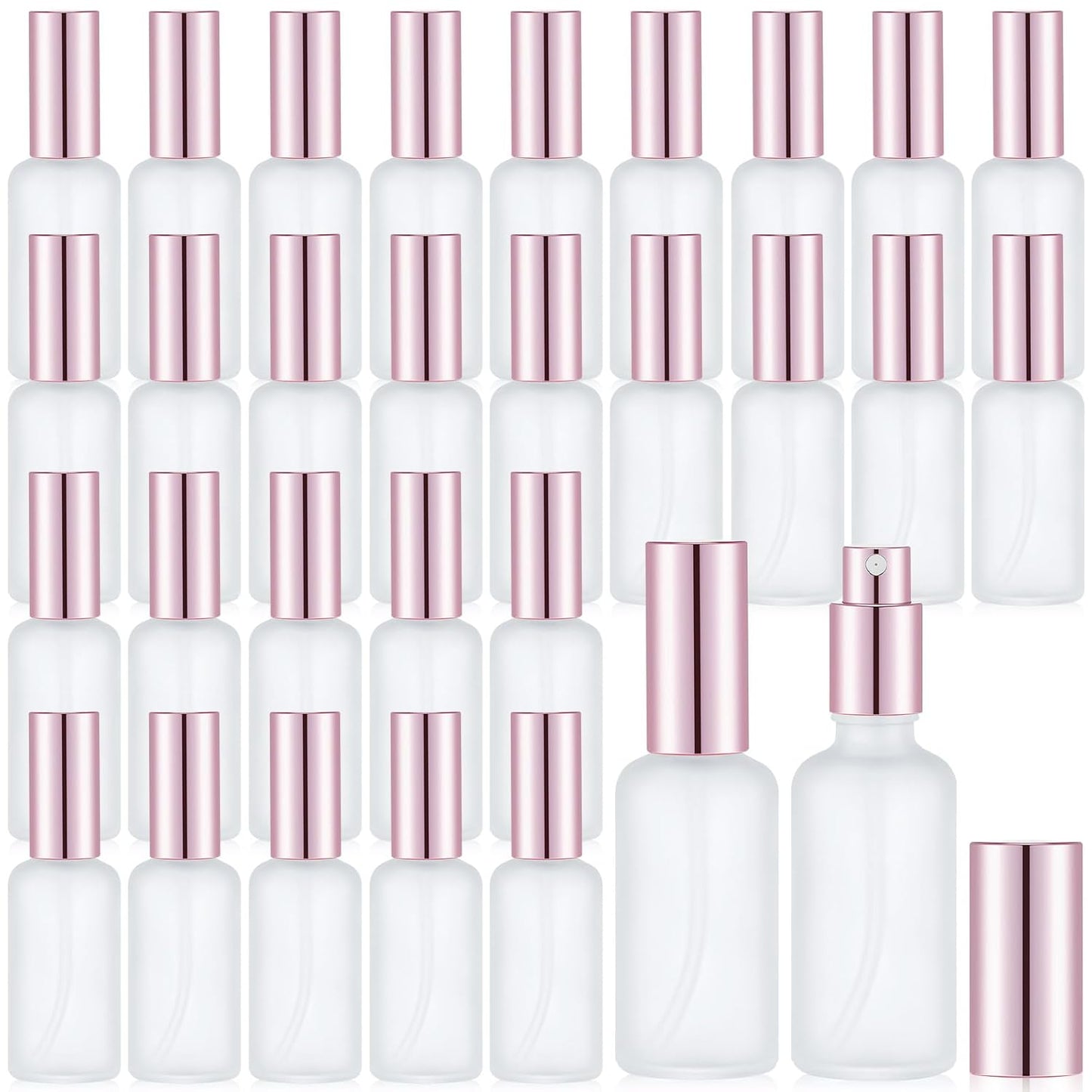 Roshtia 30 Pcs 1.69 oz/ 50 ml Rose Gold Glass Spray Bottle Refillable Perfume Atomizer Clear Decorative Empty Bottles with Fine Mist Sprayer Pump for Face Body Travel