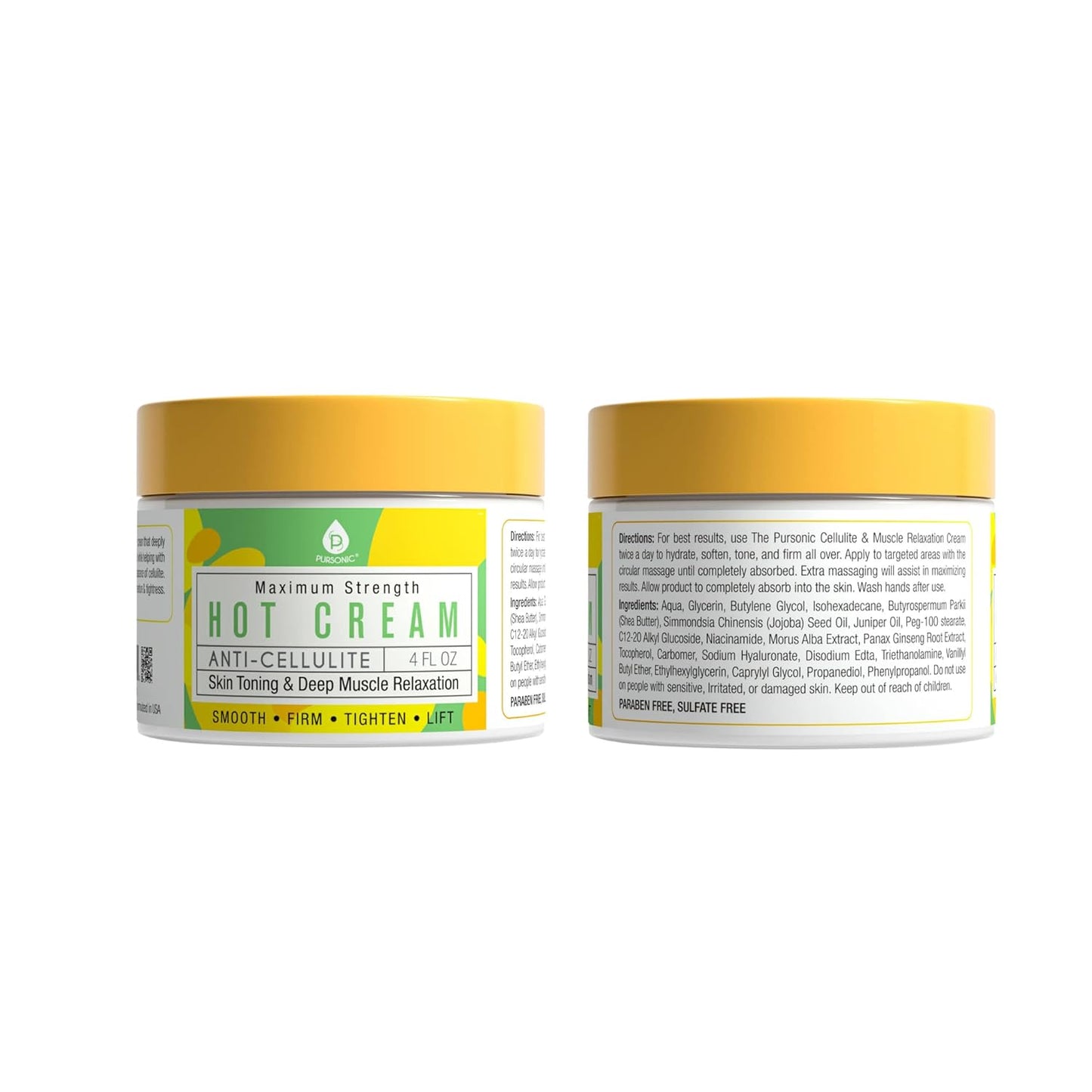 Pursonic Anti Cellulite & Muscle Relaxation Hot Cream, Diminish The Appearance of Varicose Veins, Improves Skin Texture & Tightness, Softens & Hydrates. 4OZ