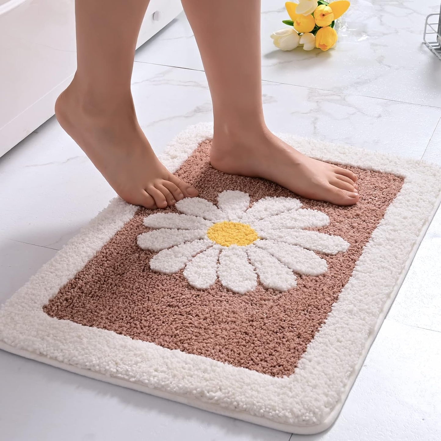 Bathroom Rugs Mat, White Flower Bath Rugs Fluffy Soft Superfine Fiber Rugs Non Slip Bath Mat Machine Wash Plush Mats,Bathroom Rug for Bathroom Shower Room (16"×24", Brown)