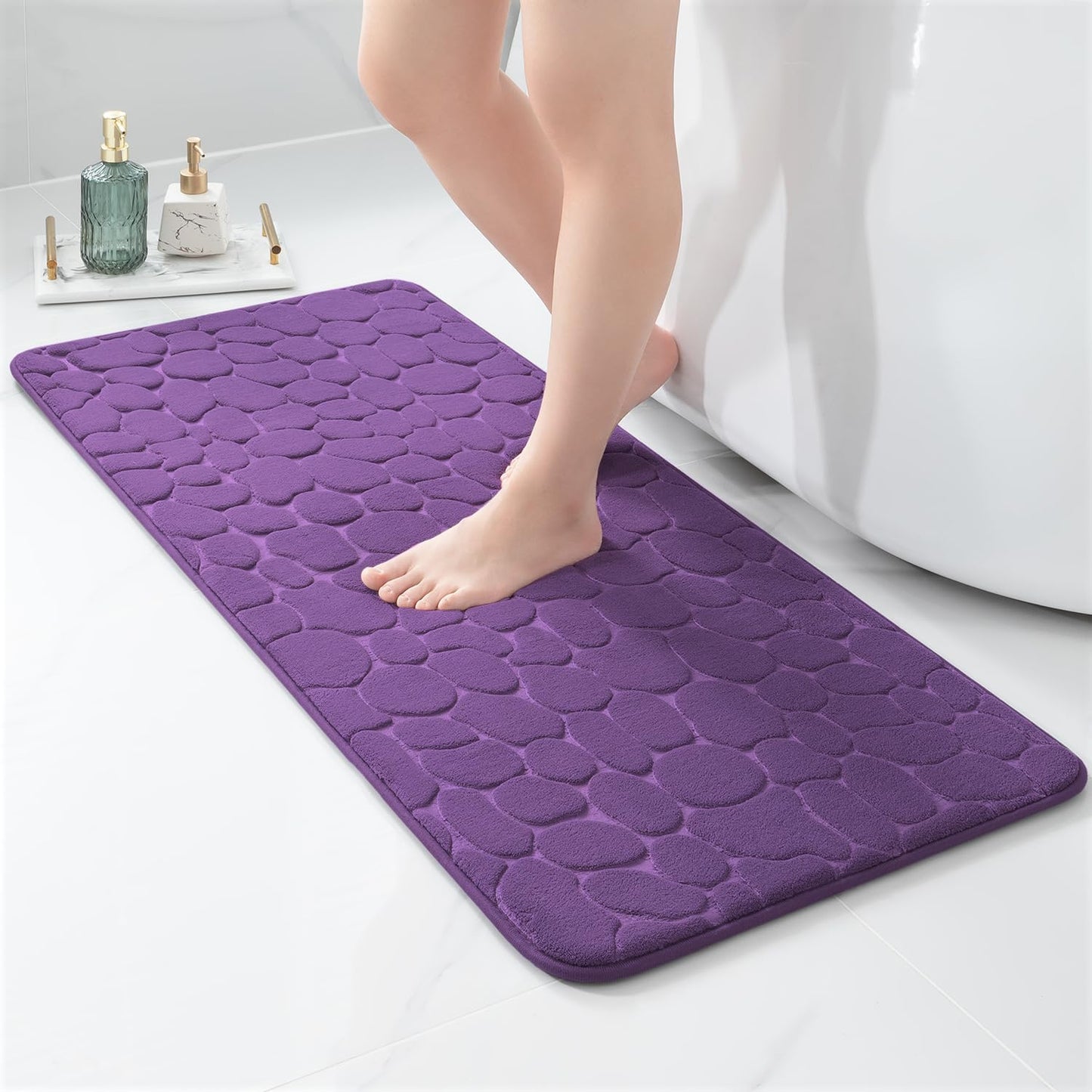 YIHOUSE Memory Foam Runner Rug, Cobblestone Bathroom Runner Rugs Super Water Absorbent Bath Mats for Bathroom Machine Washable Bath Rugs Runner for Hallway Bedroom Laundry Room(20 x 47,Eggplant)