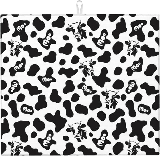 Cow Print Dish Drying Mat for Kitchen Counter Black White Decorative Dish Drainer Rack Mats 16x18 Inch Absorbent Reversible Drying Pad