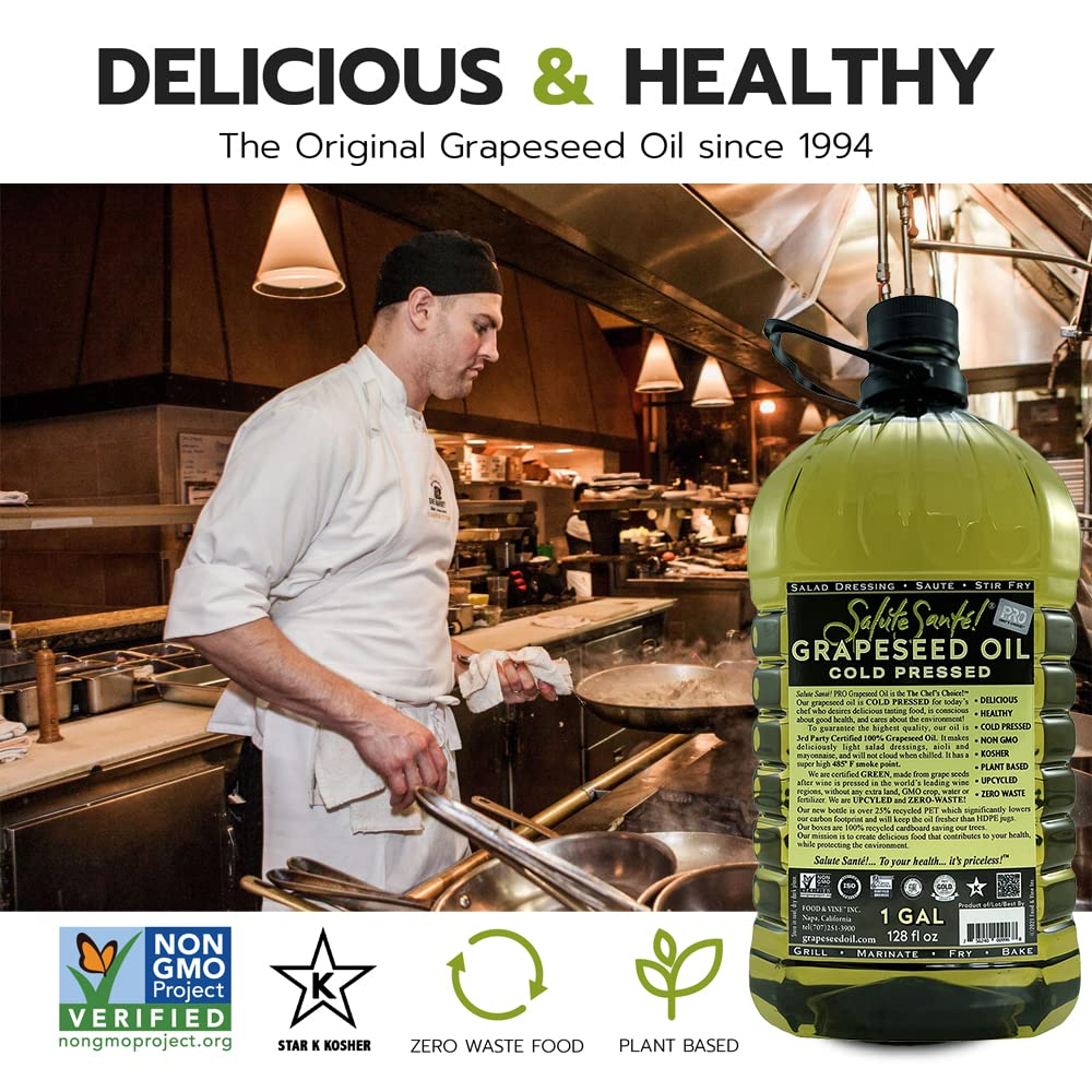 Cold Pressed Grapeseed Oil by Salute Sante! High Temperature Cooking, Healthy Grape Seed Oil, Non-GMO and Kosher for Salad Dressings, Marinades and Dips, Vegan, 1 Gallon
