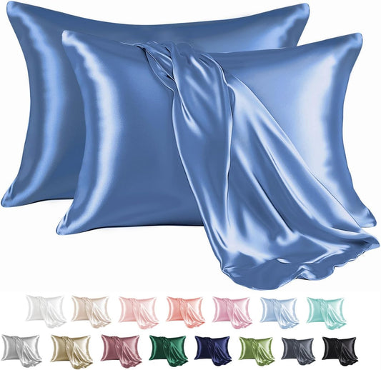 MR&HM Satin Pillowcase for Hair and Skin, Silk Satin Pillowcase 2 Pack, Queen Size Pillow Cases Set of 2, Silky Pillow Cover with Envelope Closure (20x30, Sky Blue)
