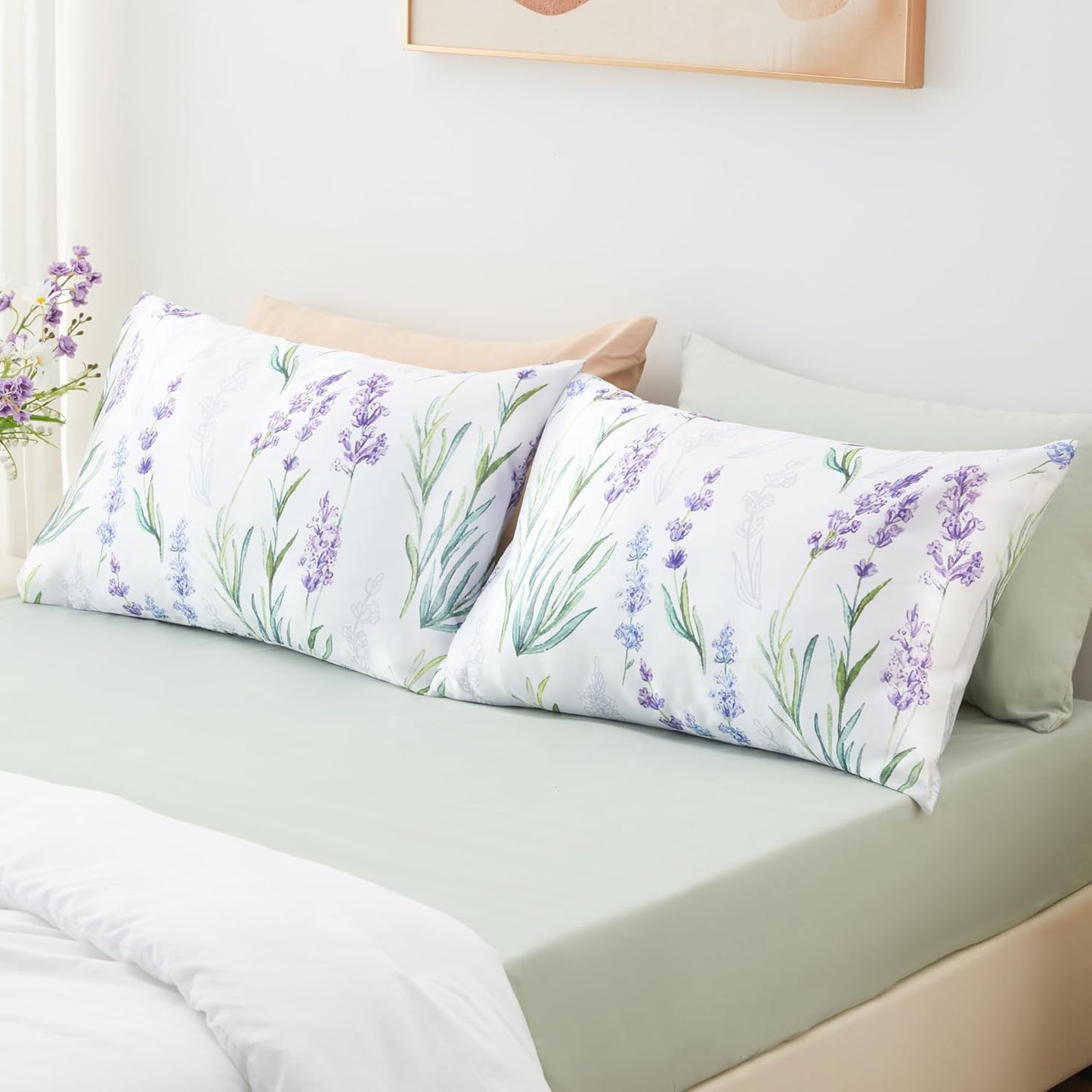 EXQ Home Satin Pillowcase for Hair and Skin - Lavender Printed Silk Pillowcase 2 Pack 20x26 inches - Standard Size Satin Pillow Cases Set of 2 with Envelope Closure