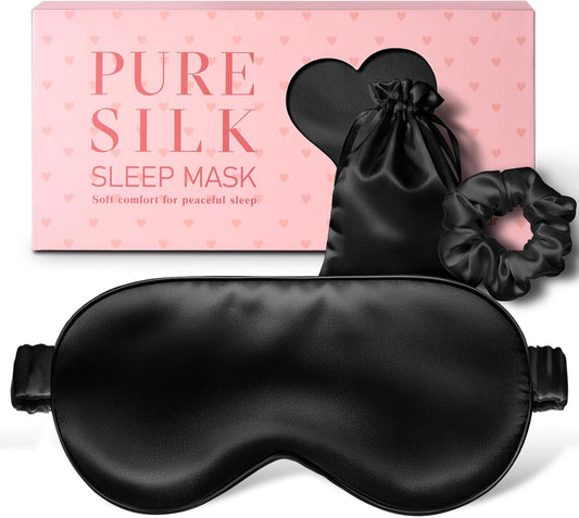 LitBear 100% Pure Silk Sleep Mask, 22 Momme 6A Mulberry Silk Fabric and Filling, Total Light Blocking Eye Mask Sleeping for Women, Men, Side Sleepers, Includes Travel Pouch and Scrunchie