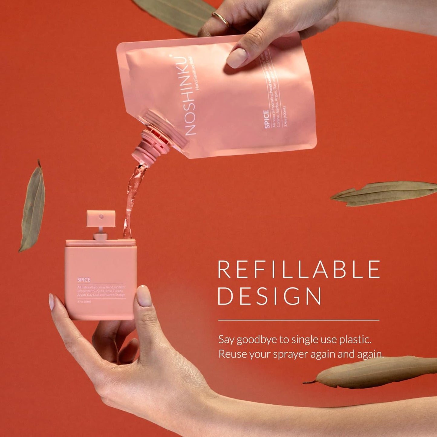 Noshinku Spice Pocket Hand Sanitizer Refill Kit: Refill Pouch + Sprayer Bundle | Organic Antibacterial Sanitizing Mist with Moisturizing Oils | FDA Registered | 70% Sugarcane Derived Alcohol