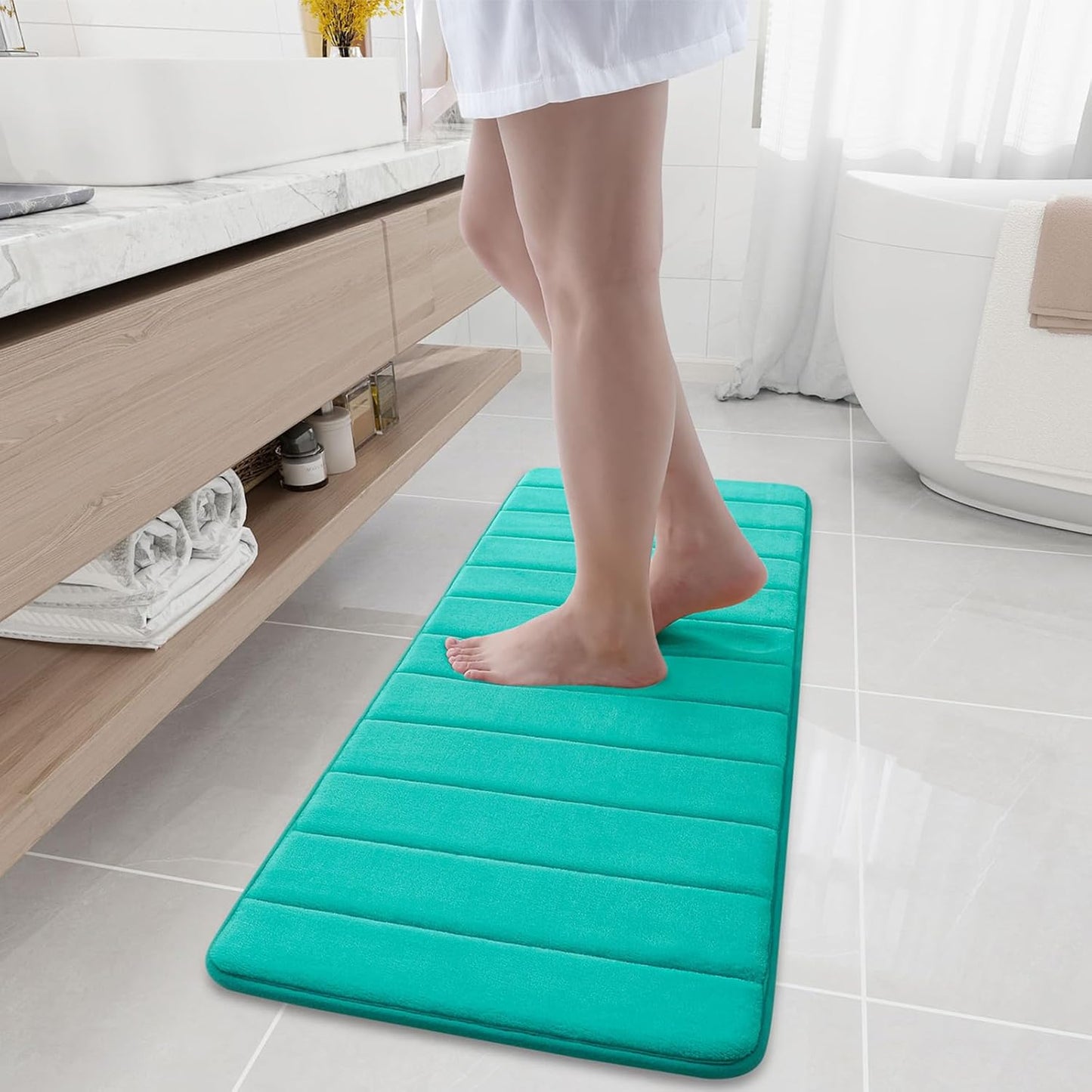 Buganda Memory Foam Bath Mat, 47" x 17", Ultra Soft and Non-Slip Bathroom Rugs, Water Absorbent and Machine Washable Bath Rug Runner for Bathroom, Shower, and Tub, Teal