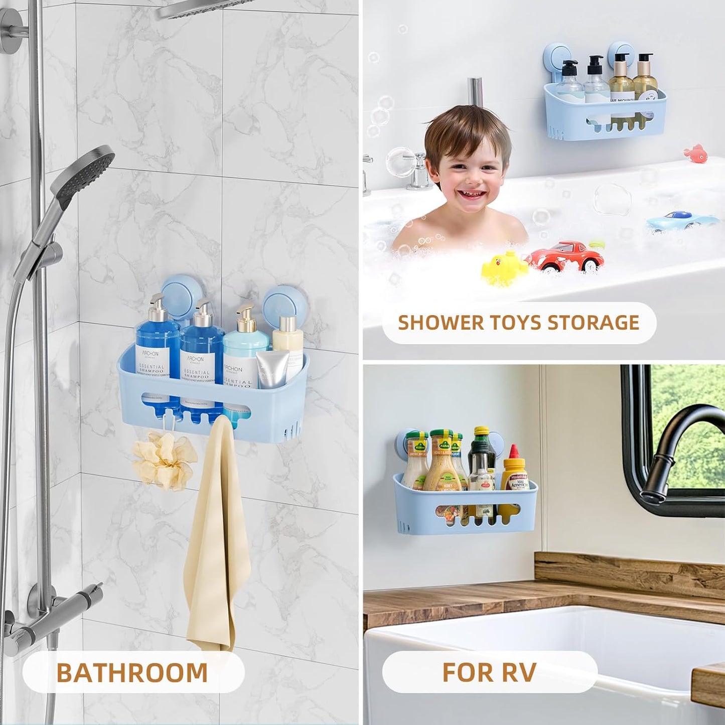 LEVERLOC Shower Caddy Suction Cup, Shower Organizer Removable Bathroom Shelf, Storage Suction Powerful Max Hold 22lbs Bathroom Caddy Waterproof Holder, Blue