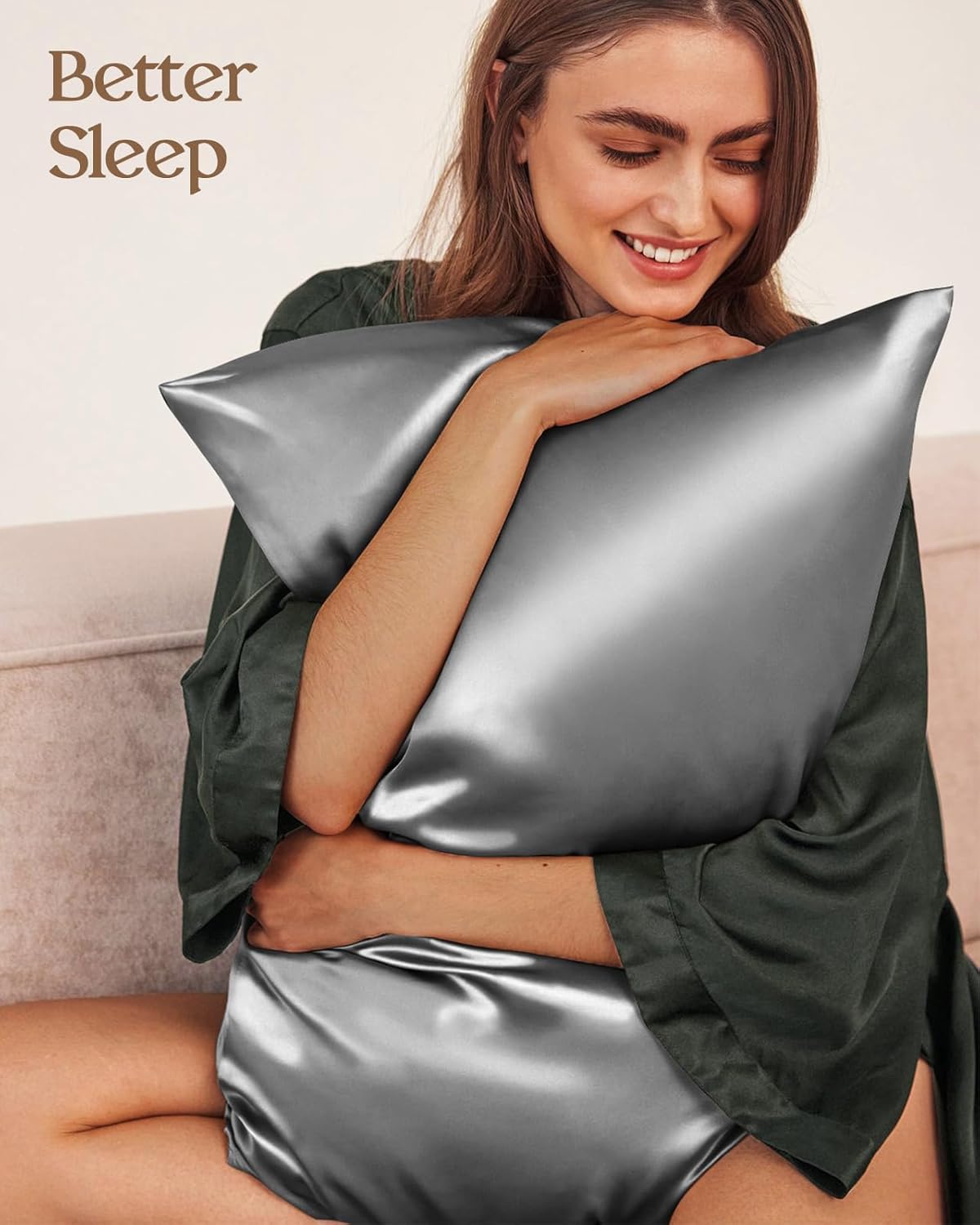 Silk Pillowcase 2 Pack - Pillow Cases Queen Set of 2 Size 20" x 30" for Hair and Skin Smooth Soft Breathable with Hidden Zipper Cooling Pillow Covers for Women, Light Grey