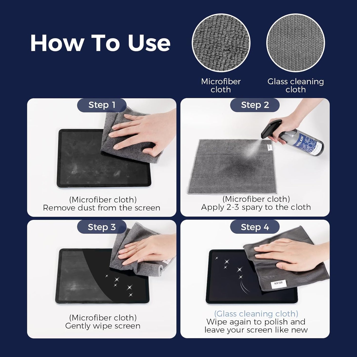 WELKIN Screen Cleaner Spray Kit (550ml + 60ml) - Cleaning Mist for TV, Laptop, Computer, Phone Touchscreen - 2 Sprayers，1 Microfiber Cloth & 1 Glass Wipe Included