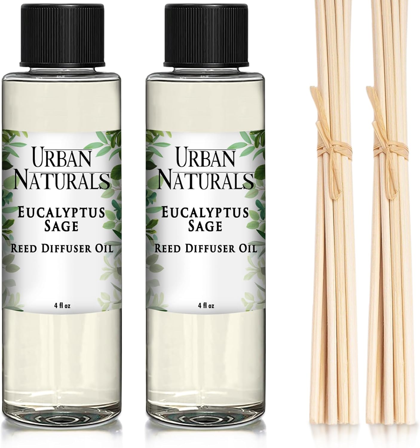 Urban Naturals Eucalyptus & Sage Oil Reed Diffuser Refill and Reed Sticks | Eucalyptus, Sage, Mint, Lime and Cedarwood, 4 oz (2 Pack)