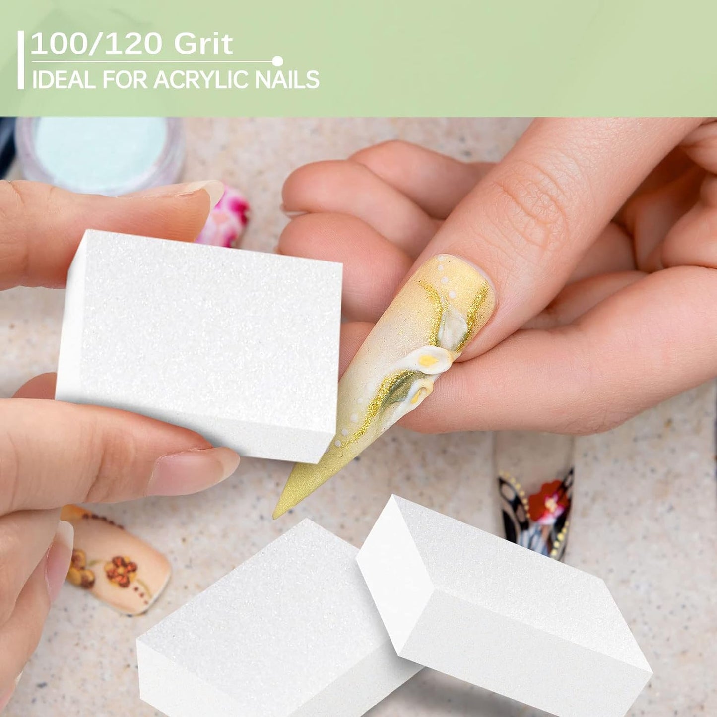 Maryton Nail Buffer Mini Block Files, 100/120 Grit for Acrylic Nails, 130 Count (White)