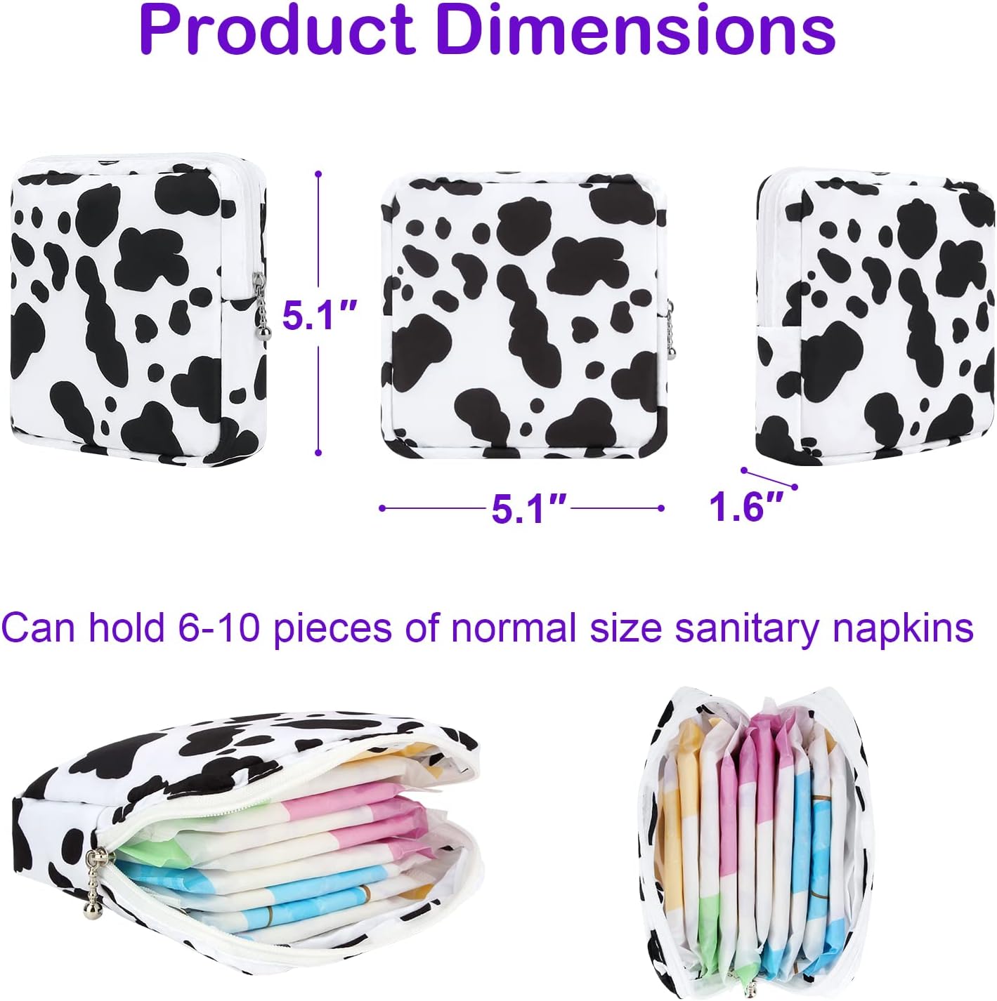 Desing Wish Sanitary Pad Storage Bag Portable Period Bag for Teen Pads/Sanitary Napkins/Small Tampons, Sanitary Napkin Storage Bag First Period Gifts for Teen Girls (Cow)