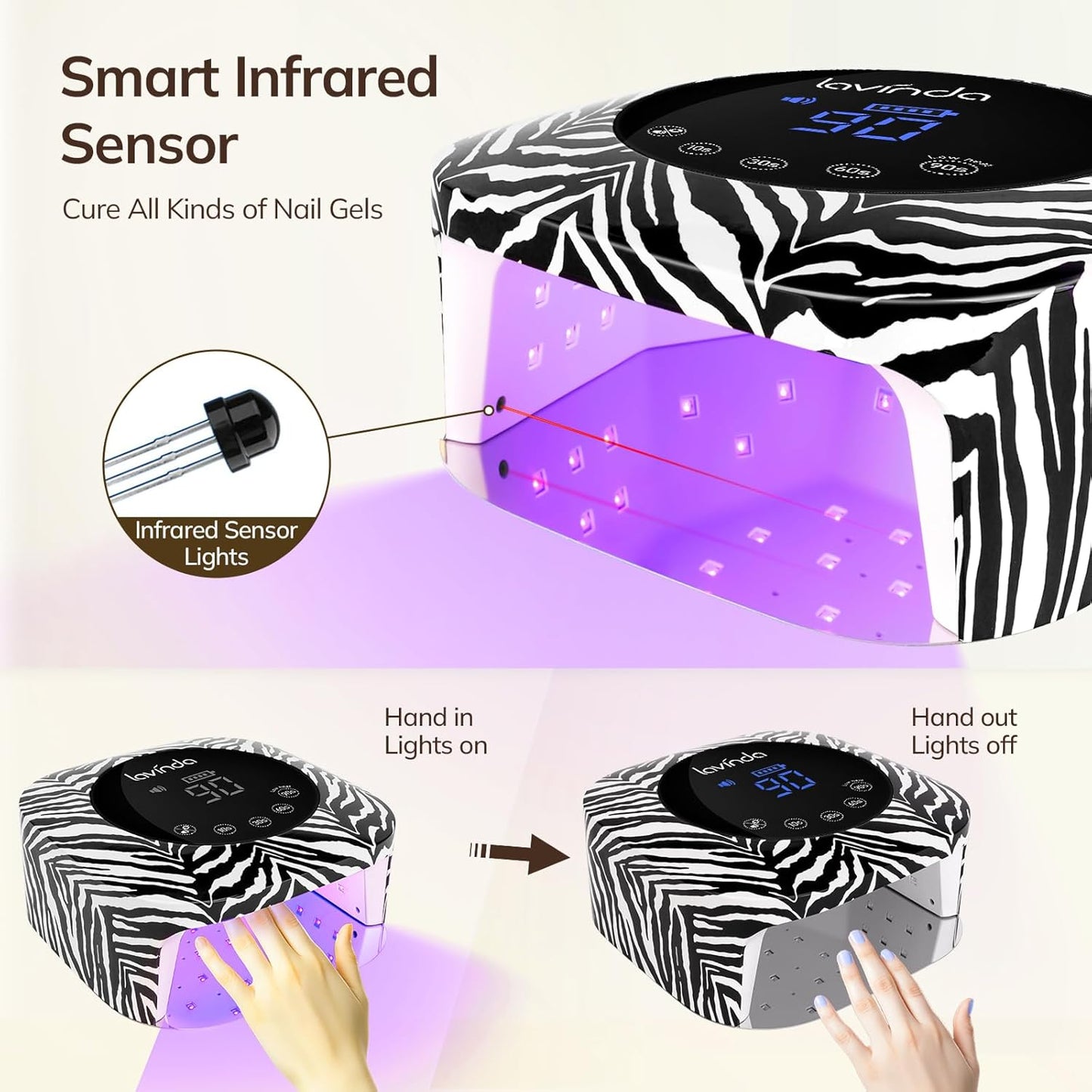 Lavinda UV Light for Gel Nails 54W UV Nail Lamp Cordless Rechargeable Nail Light with 4 Timer, 2X Faster Nail Polish Curing Lamp Nail Dryer for Salon Use-Zebra Pattern