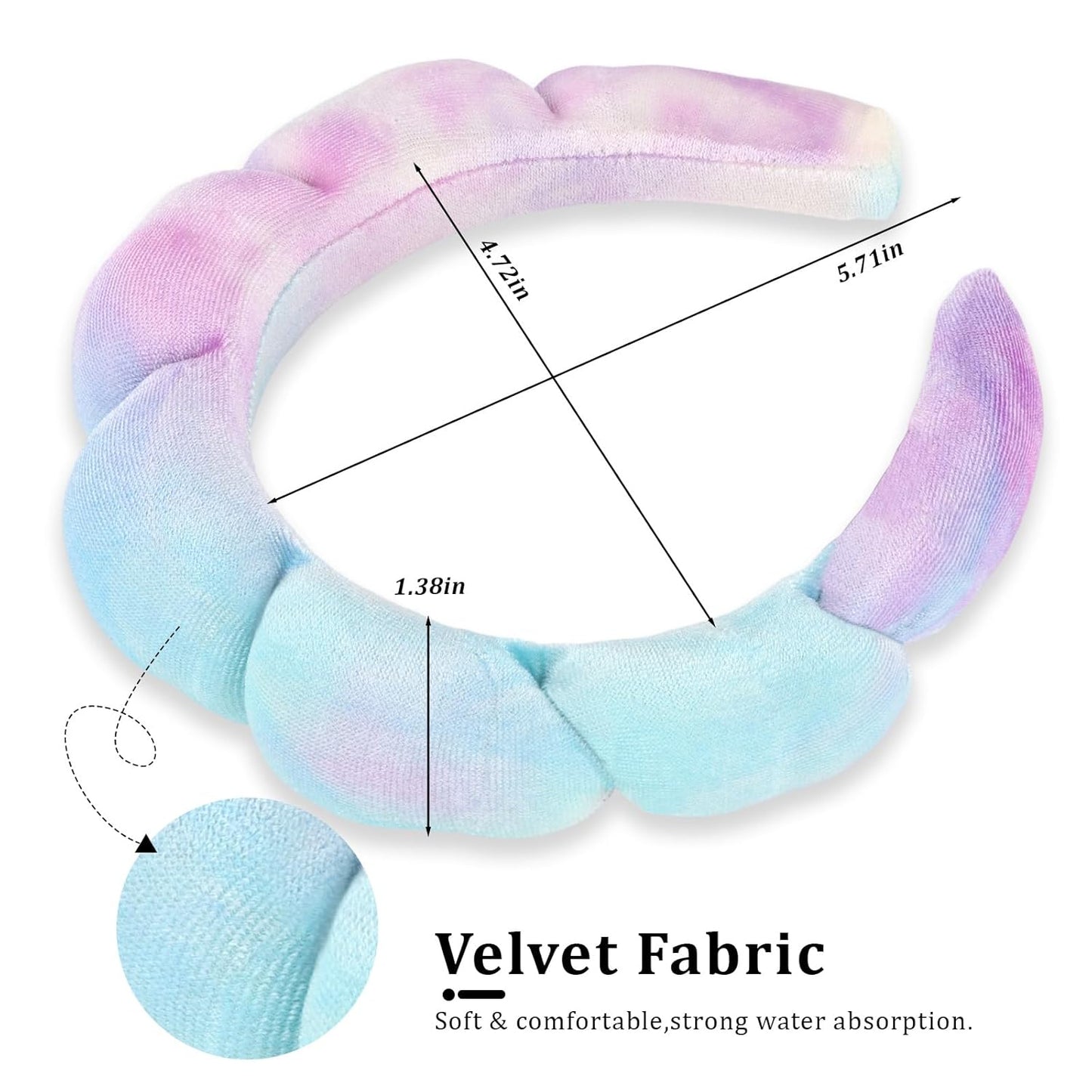 CAVETEE Spa Headband for Washing Face, Sink Care Headband for Women Sponge Bubble Makeup Head band for Women, Soft Velour Hair Accessoriesfor Girls (Tie Dyed, one size)
