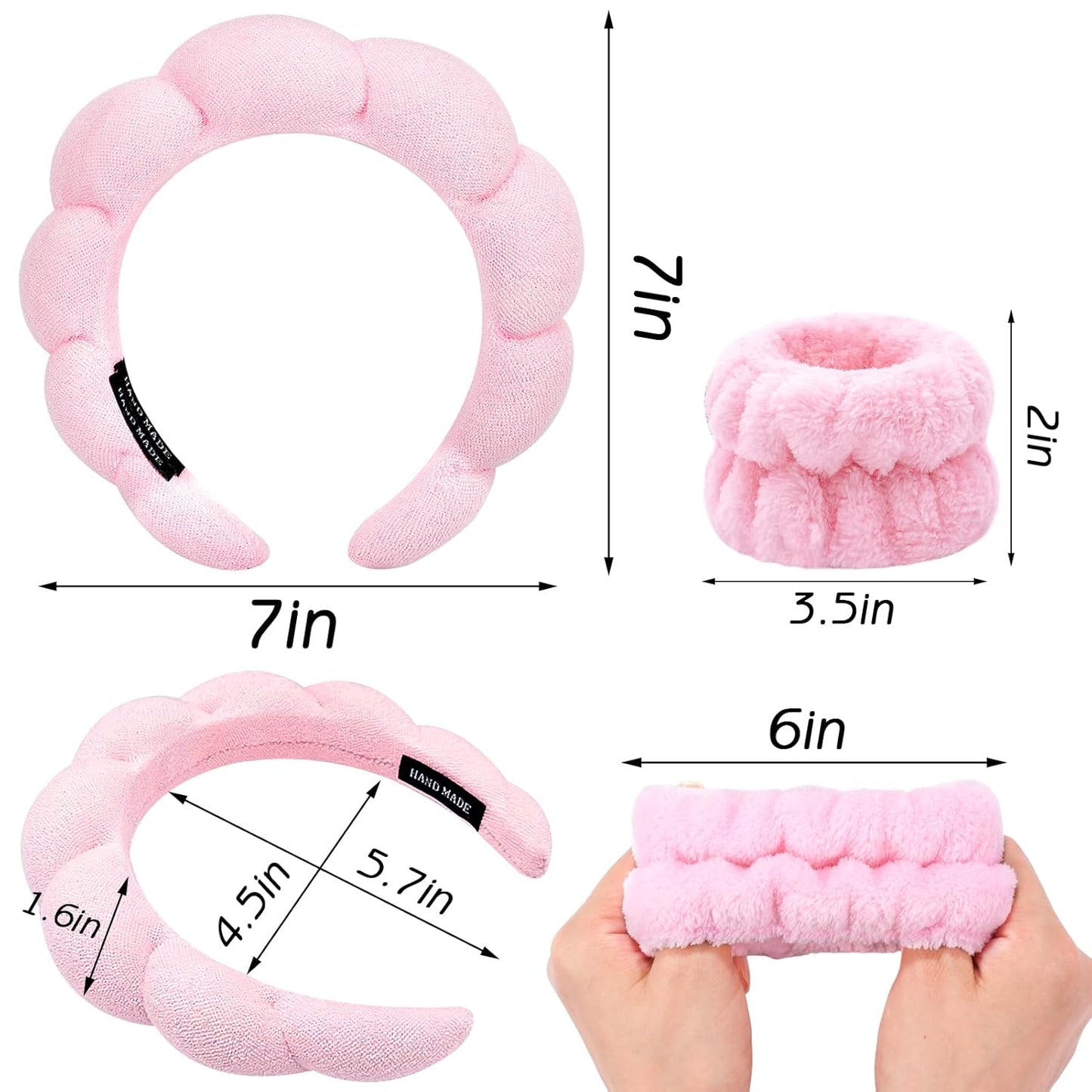 Zkptops 6Pcs Spa Headband for Washing Face Wristbands Set Women Bubble Skincare Makeup Sponge Terry Cloth Padded Puffy Headband Bow Tie Hairband Cute Non Slip Thick Hair Accessory Gifts(Pink)