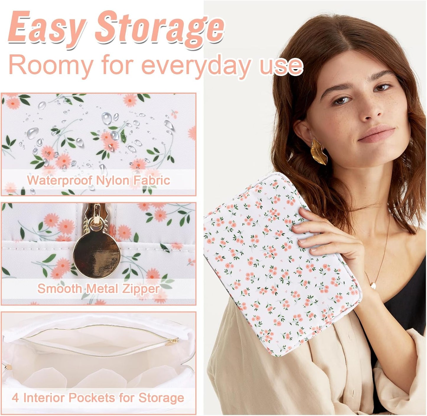 Nylon Large Floral Makeup Organizer Bag, Preppy Big Cute Flower Cosmetic Zipper Pouch Multi-compartment with Dividers, Waterproof Toiletry Makeup Brushes Bag Travel Essentials for Women(White-Floral)