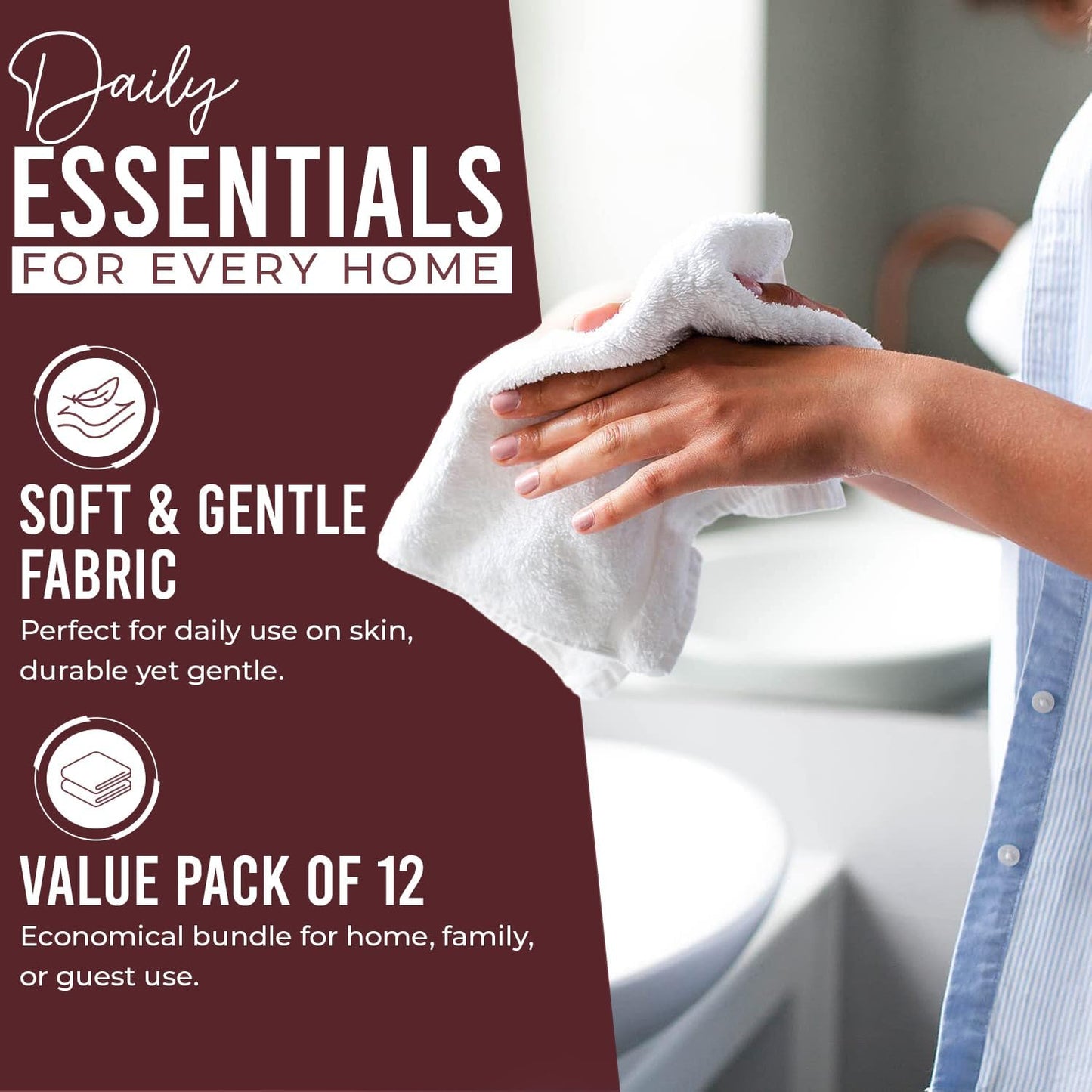 DAN RIVER 100% Cotton Wash Cloths 12 Pack [12x12] Soft & Absorbent Rags for Body, Gym, Hotels & Spa Perfect for Everyday Use Fingertip Towels, Pomegranate