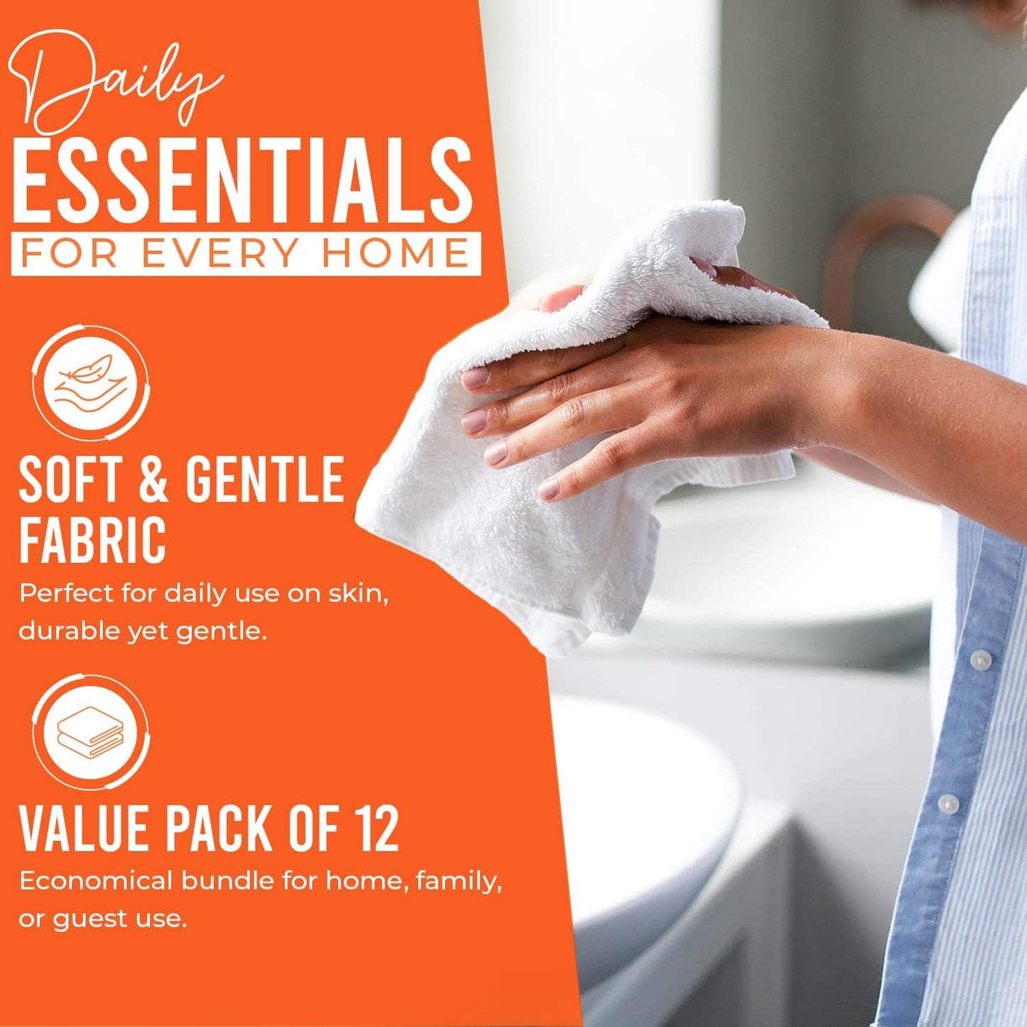 DAN RIVER 100% Cotton Wash Cloths 12 Pack [12x12] Soft & Absorbent face Cloth, Gym, Hotels & Spa Perfect for Everyday Use Fingertip Towels, Orange