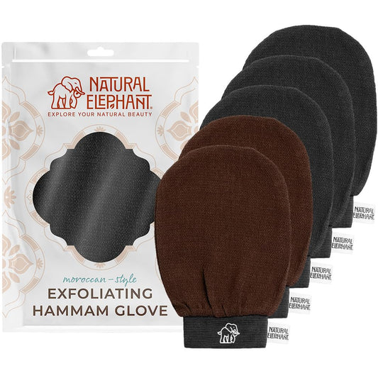 Natural Elephant Exfoliating Hammam Glove - Face and Body Exfoliator Mitt 5 and 10 Packs (3 Black, 2 Brown (Pack of 5))
