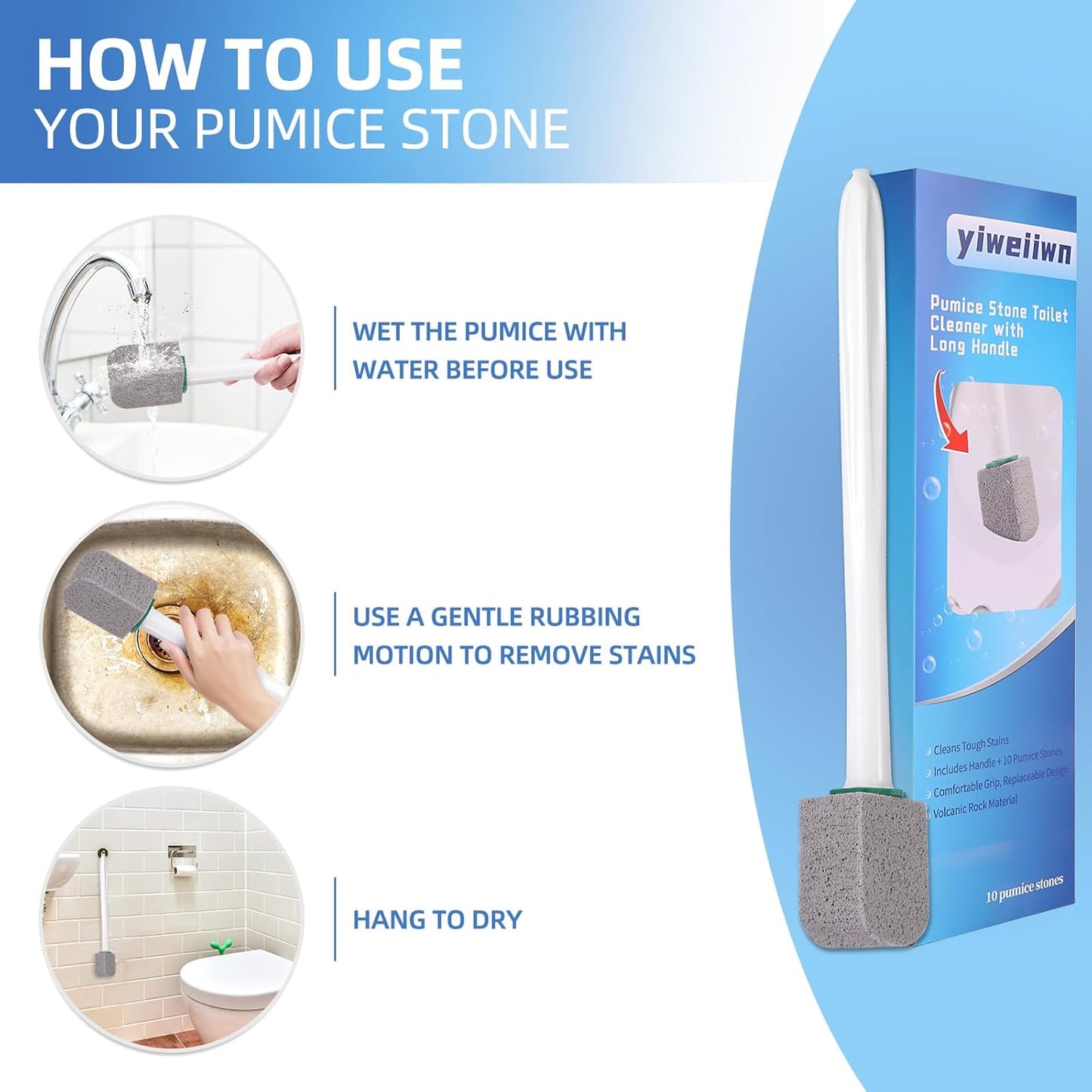 Pumice Stone Toilet Cleaner with Long Handle Pumice Stone Toilet Bowl Cleaner Rust and Grease Stain Clean Suitable for Toilets Bathroom Sink,BBQ 2Handle and 10Pumices Stones(Gray)