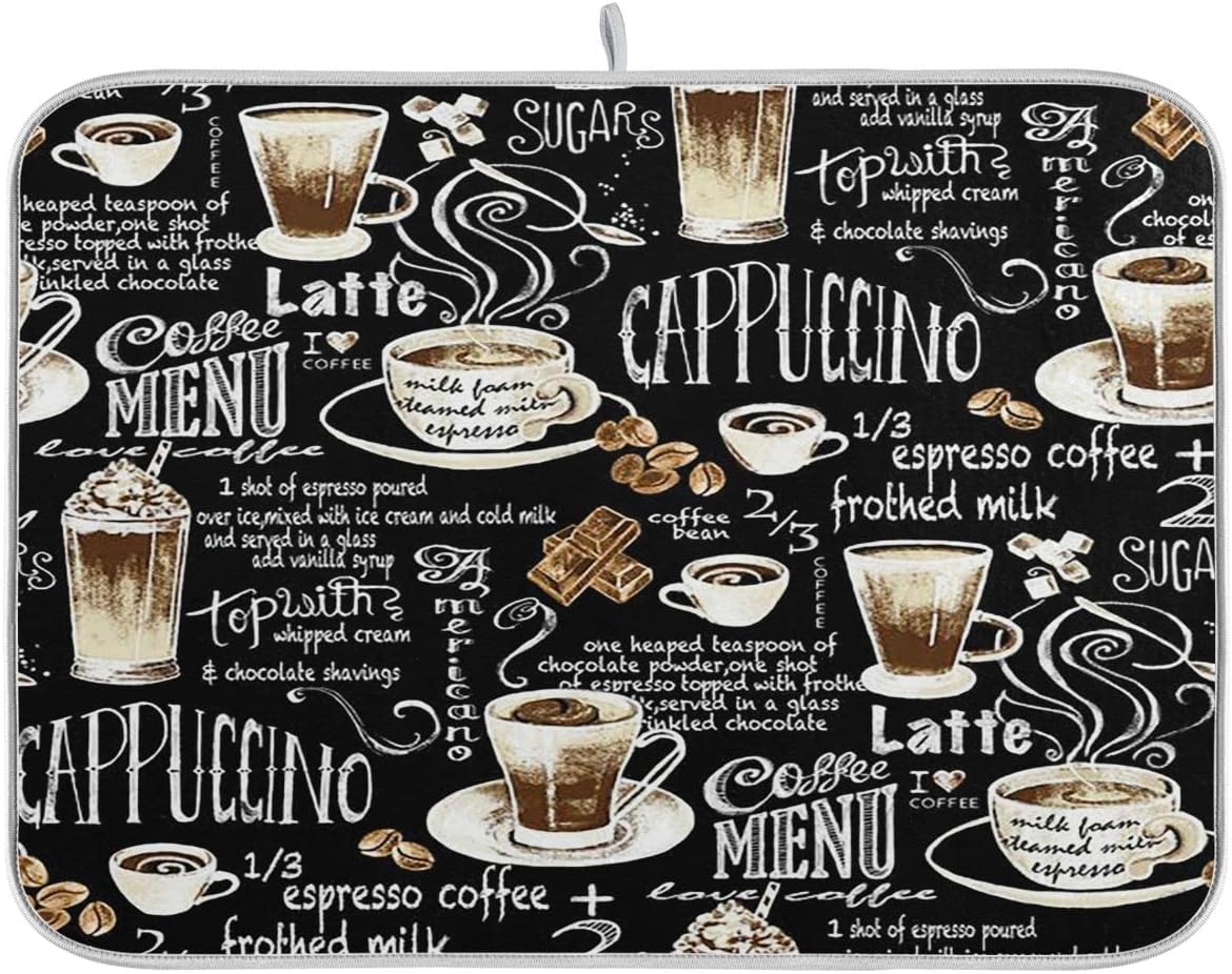 Coffee Black Dish Drying Mat for Kitchen Coffee Beans Maker Cappuccino Latte Chocolate Microfiber Drying Mats Absorbent Reversible Dish Pad Medium Dish Draining Mat 16x18 inch