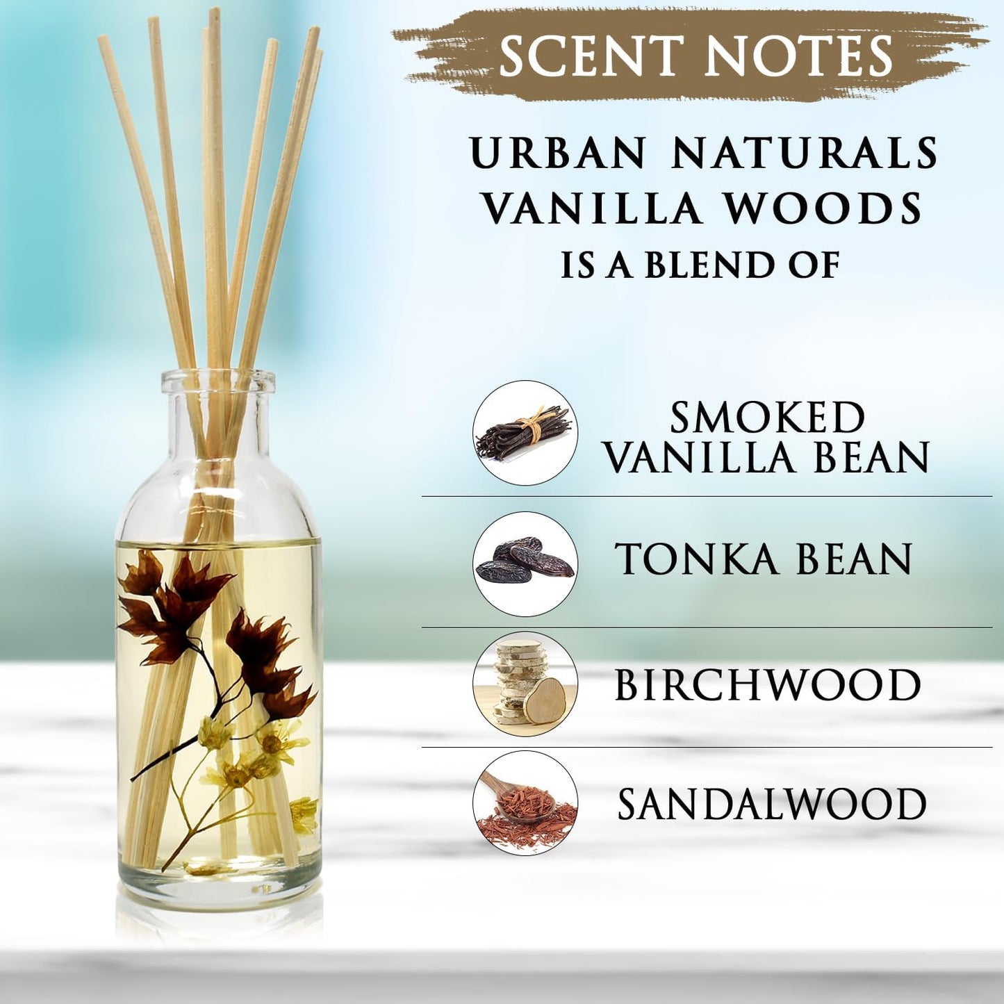 Urban Naturals Vanilla Woods Reed Diffuser Scent Sticks Gift Set | Smoked Vanilla Bean, Tonka Bean, Birchwood & Sandalwood | Light Woodsy Scent Made with Essential Oils & Real Botanical Pieces