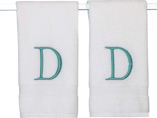 Teal Luxury Hand Towel for Bathroom - Monogrammed Initial Hotel Quality Decorative Embroidered Towel for Powder Room, Spa - GOTS Organic Certified - Set of 2 Letter D