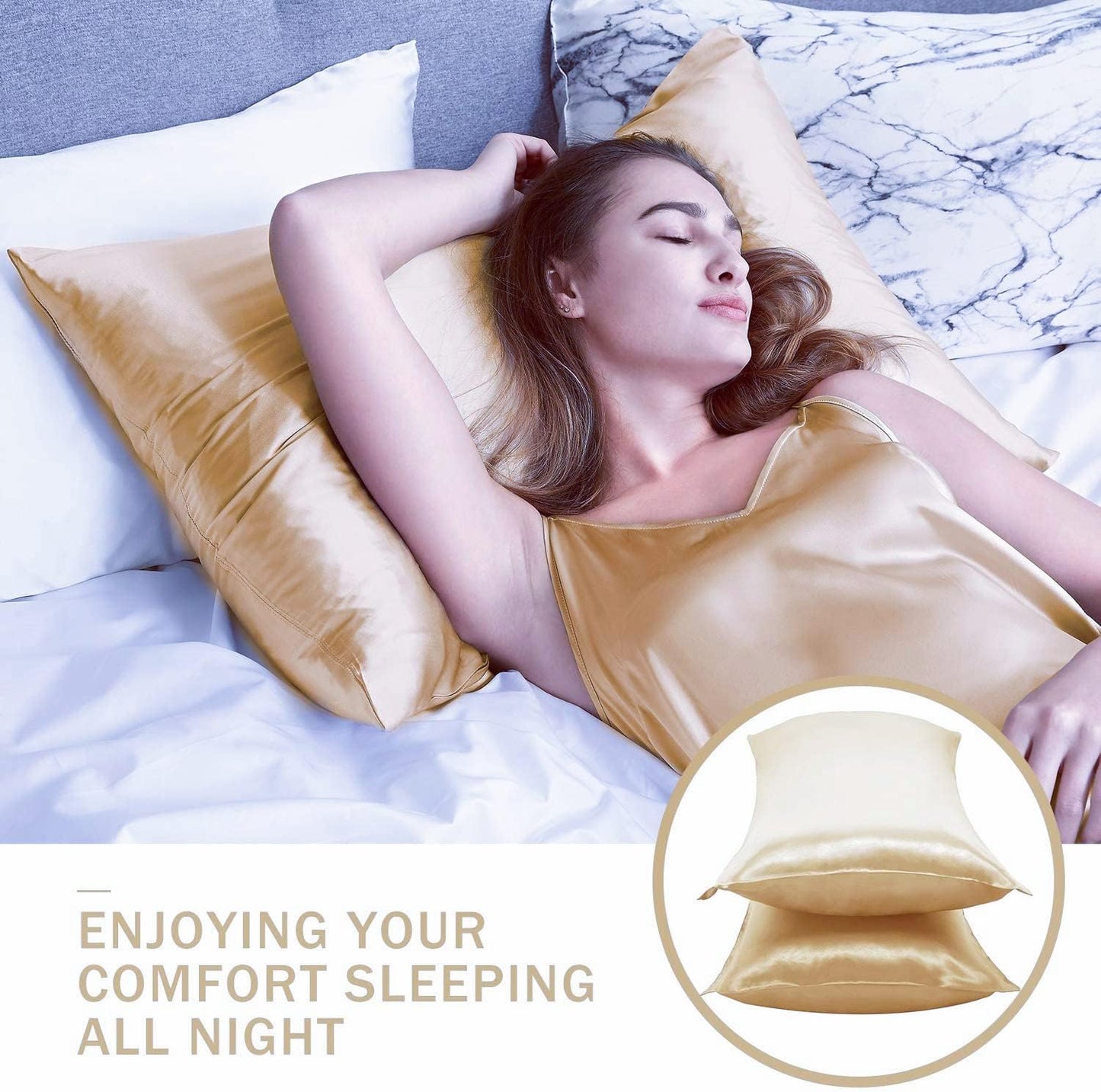 JUWENIN,Luxury Satin Pillowcase with Zipper (Silky Satin Pillow Case for Hair) Set of 2 (Queen, Gold)