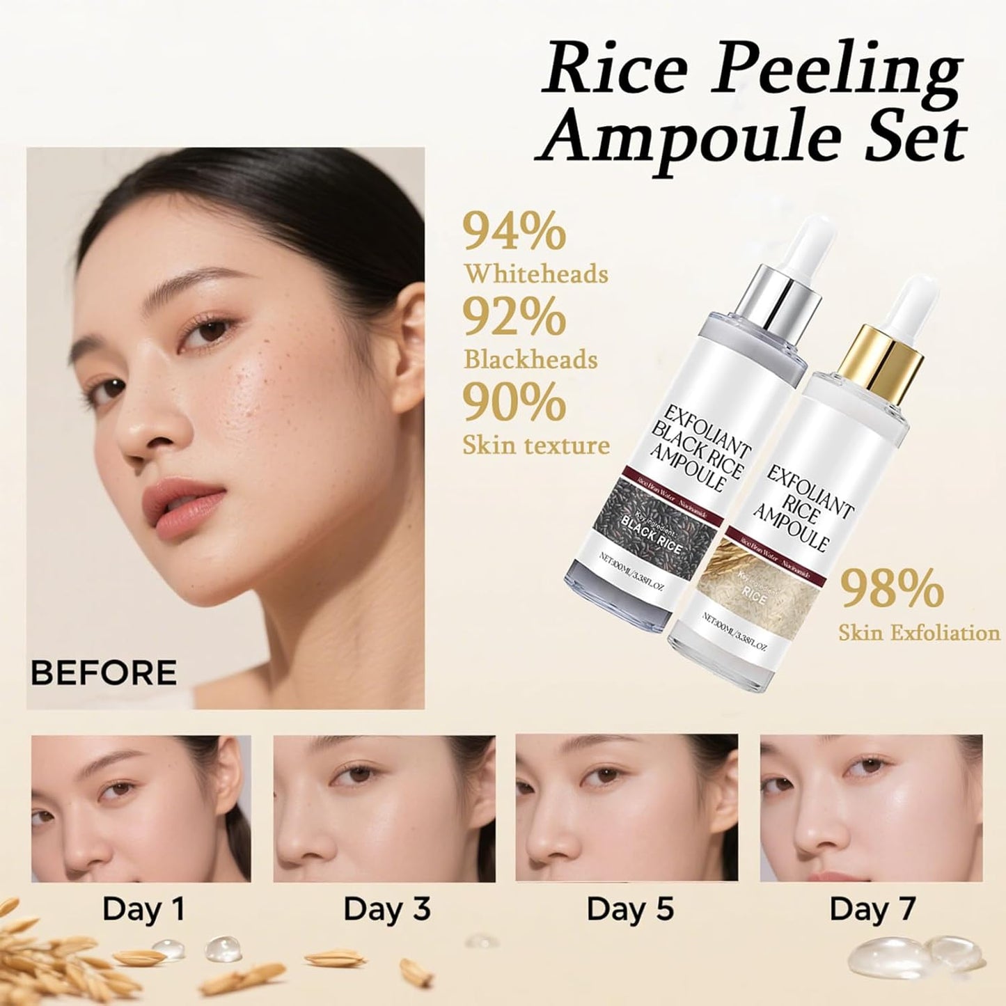 Glow Rice Ampoule Duo Day & Night - 2PCS White & Black Rice Peeling Ampoule for Face & Body, Gentle Peel to Remove Dead Skin & Blackheads, Rejuvenating Hydration Exfoliant for All Skin Types 100ml