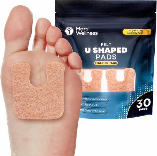 Mars Wellness U-Shaped Callus Pads for Feet, 1/4" Thick, Flesh Colored, Pack of 30 with Adhesive Backing - Callus Remover for Feet, Callus Cushions