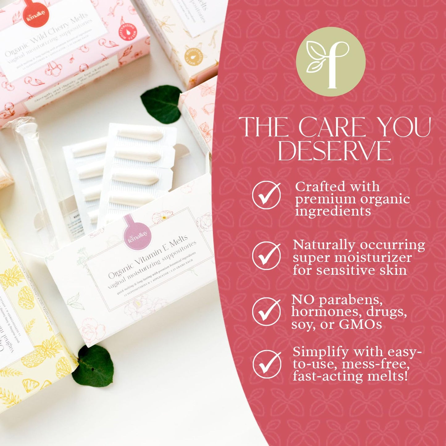 Femallay Organic Vitamin E Vaginal Moisturizing Suppository Melts – Relief for Menopause Dryness & Irritation – 14 Count + Applicator