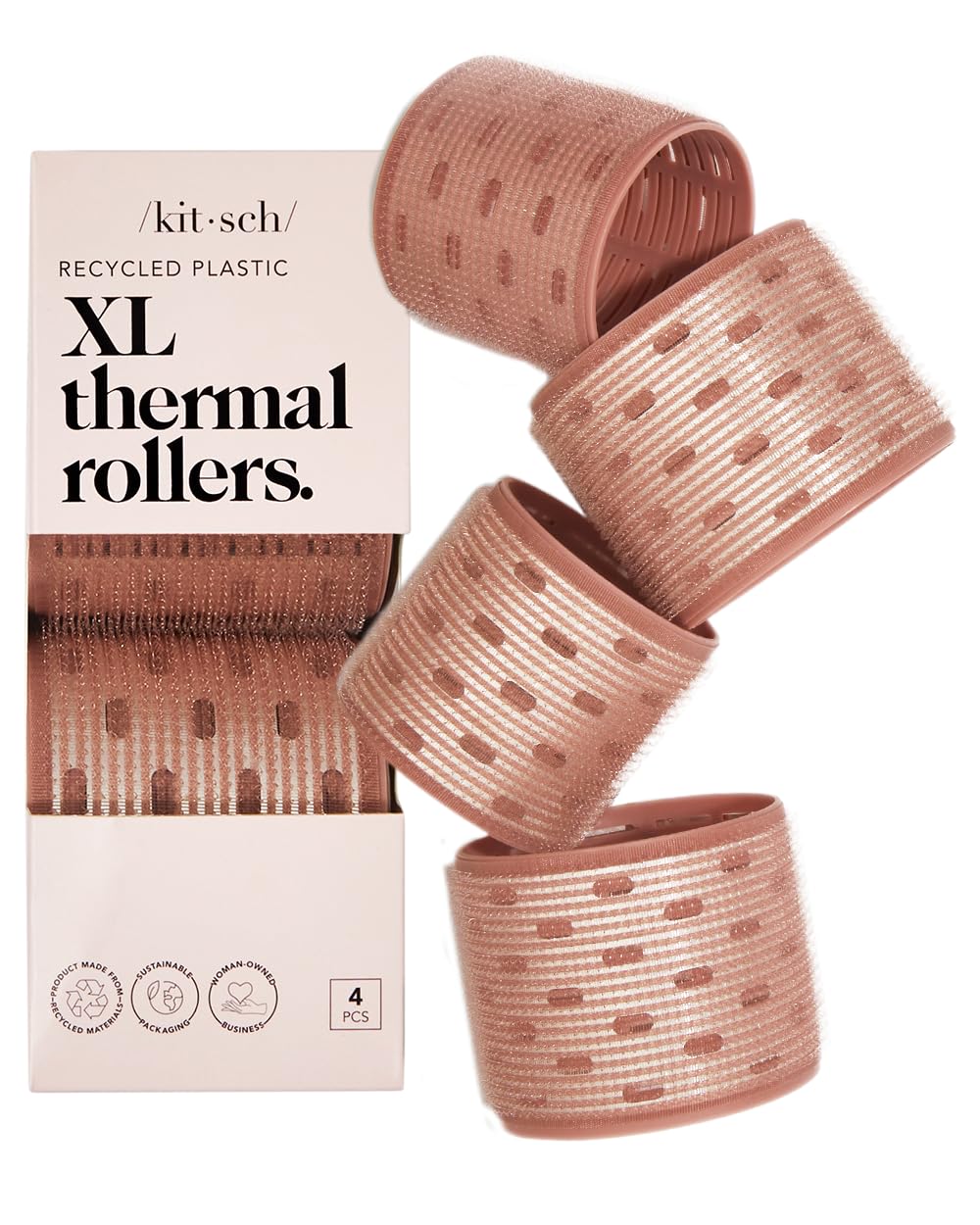 Kitsch XL Ceramic Thermal Rollers - Self Grip Hair Rollers for Blowout Look Long Hair, Medium & Short Hair, Large Hair Rollers for Volume & Curls, Thermal Curlers - Terracotta, 4pcs