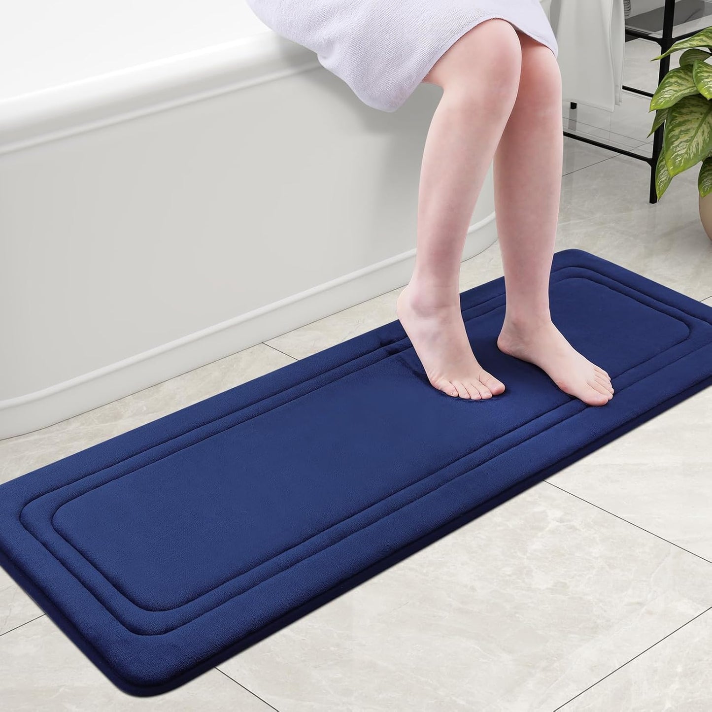 Grandaily Memory Foam Bath Mat Rug 47x17, Ultra Soft, Non-Slip and Absorbent Bathroom Rugs, Machine Wash Dry, Comfortable Bath Carpet for Bathroom Floor, Tub and Shower, Navy Blue