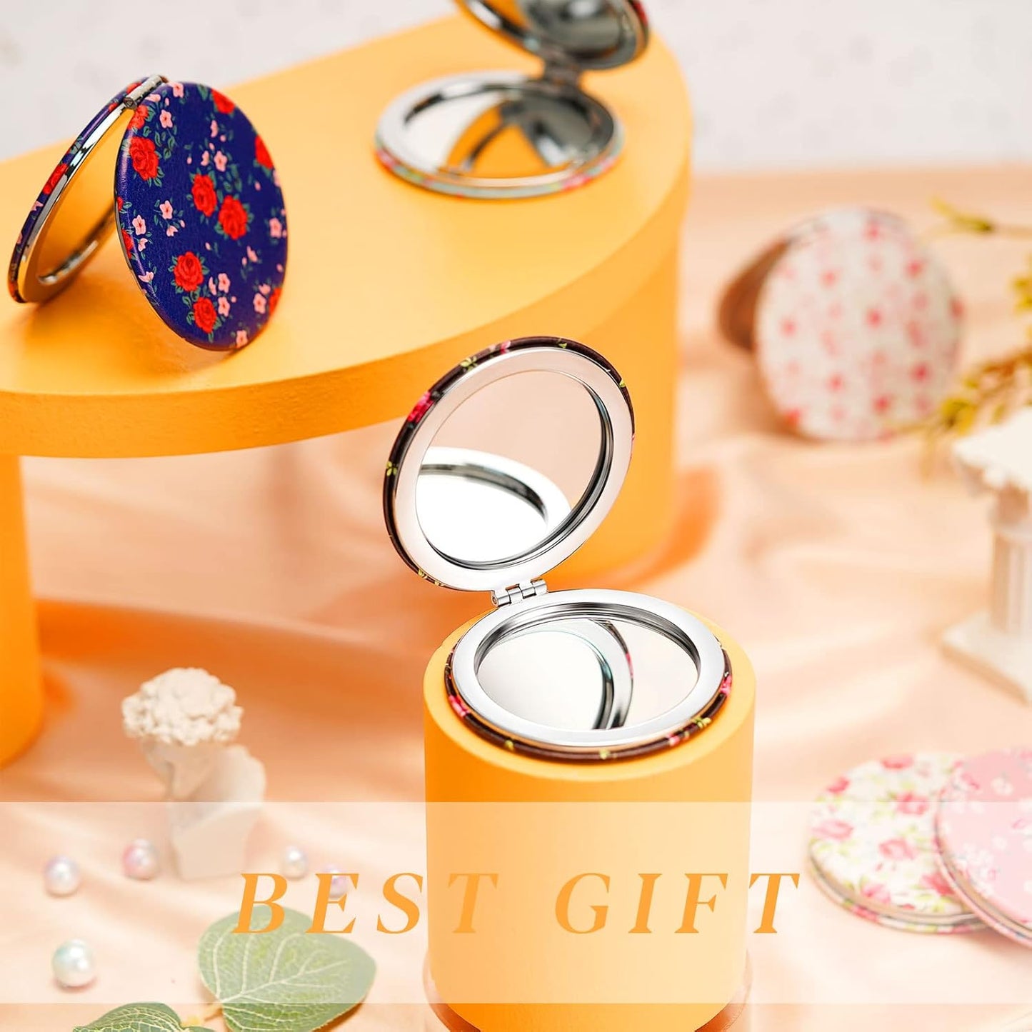 Vicenpal 6 Pieces Rose Pattern Pocket Mirrors for Women Small Mini Compact Mirror for Purse Magnifying Travel Makeup Portable Folding Small Looking Glass Gift for Students Teacher Friend