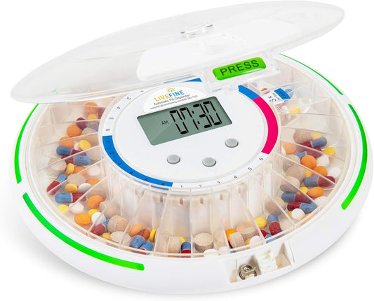 Live Fine Automatic Pill Dispenser with 28-Day Electronic Medication Organizer, 6 Dosage Templates, Easy-Read LCD Display, Sound & Light Alerts & Key for Prescriptions, Vitamins, Supplements & More