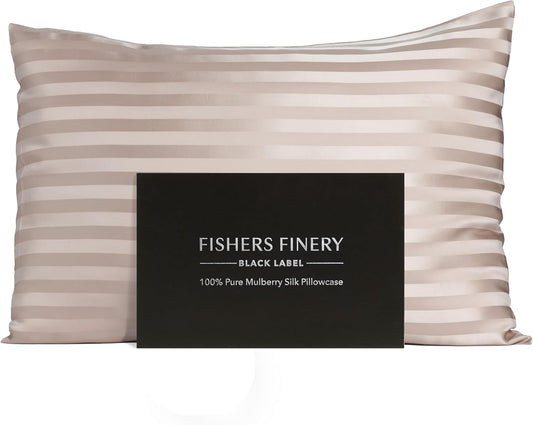 Fishers Finery 30mm 100% Pure Mulberry Silk Pillowcase, Quality Tested (Taupe Stripe, Queen)