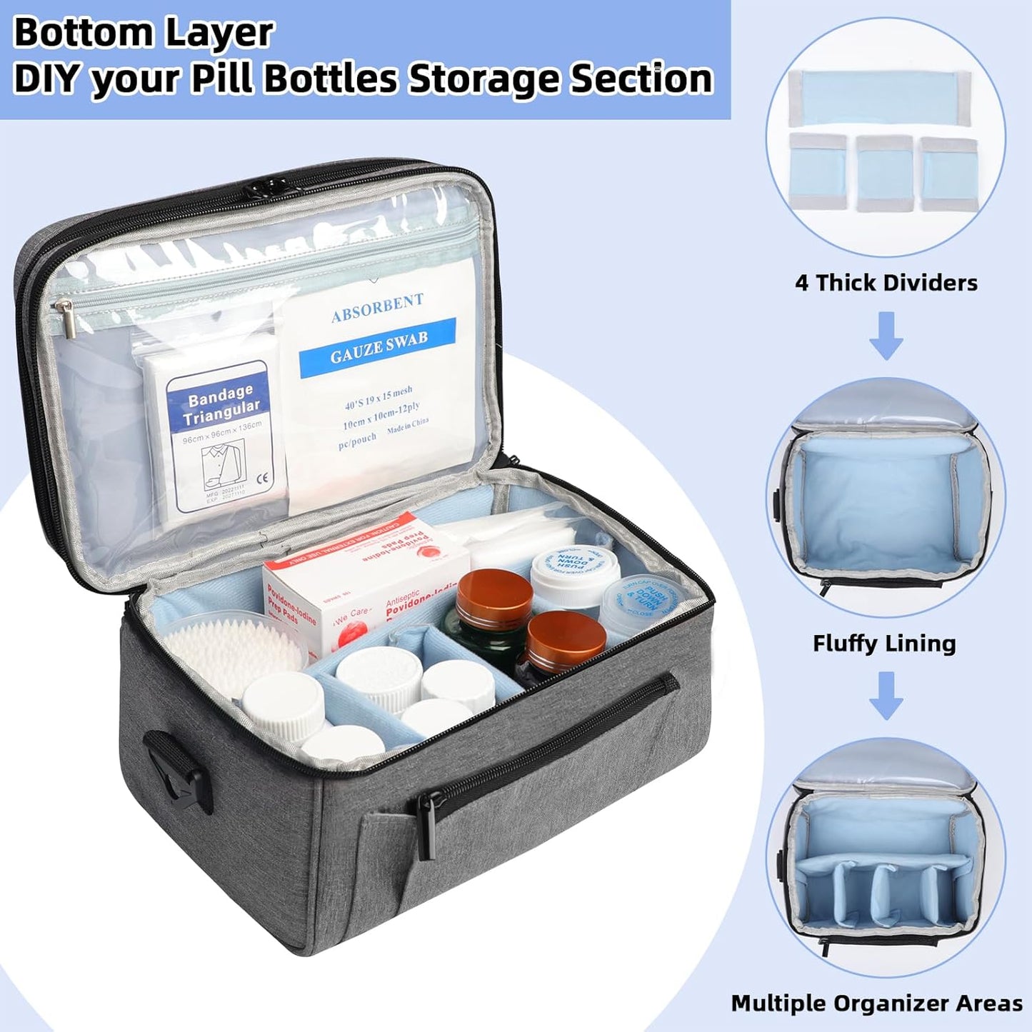 Medicine Bag for Traveling with Portable Small Pouch, Double Layer Pill Bottle Organizer Storage Case with Lockable Zippers, Carrying Medication Travel Case with Shoulder Strap (BAG ONLY), Gray