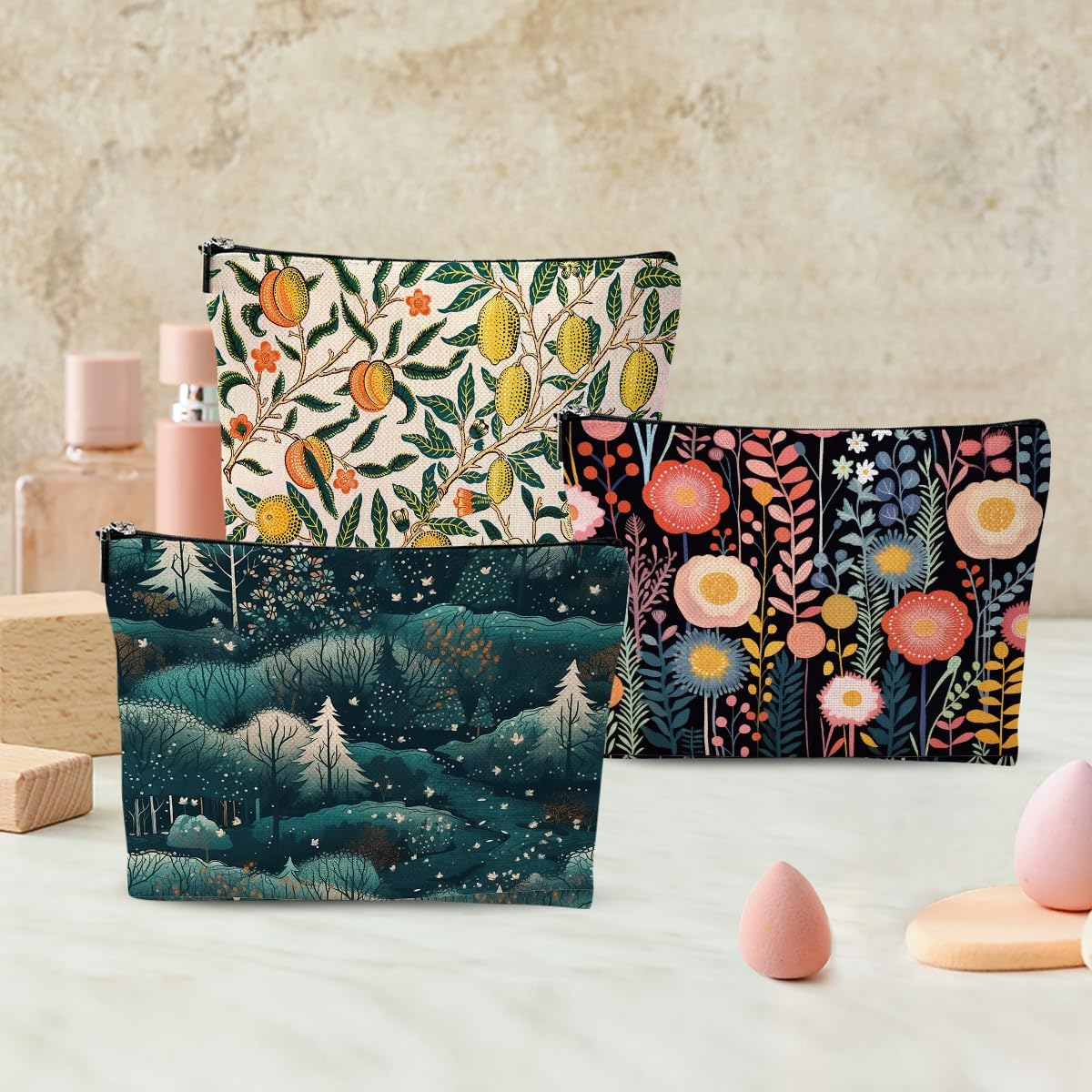 3Pcs Classic Forest Flower Fruit Makeup Bag Cosmetic Bags for Women, Abstract Botanical Travel Toiletry Bag, Thank You Anniversary Birthday Friendship Gifts for Women Girls Mom Friends Teacher