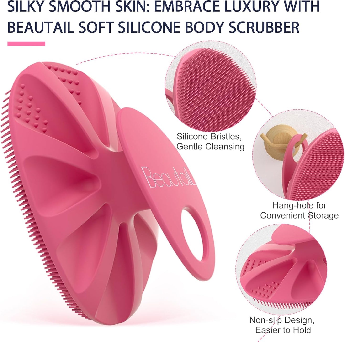 Silicone Body Scrubber Shower Bath Wash Brush Gentle Exfoliating Scrub Cleansing Loofah for Women Men Baby Sensitive Skin, Easy to Clean, Lather Nicely, More Hygienic, 1 Pack, Pink