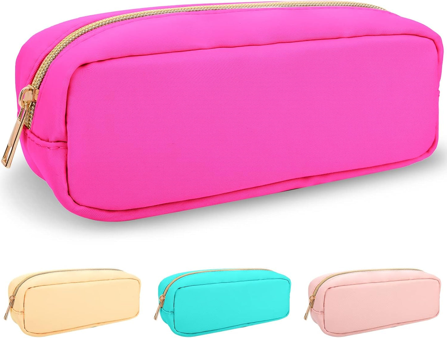 Izuzt Nylon Small Makeup Bag, Slim Pouch - Preppy Cute Makeup Brush Case, Cosmetic Zipper Pouch for Purse, Waterproof Travel Toiletry Bag Clutch, Makeup Organizer for Women & Girls (Hot Pink)