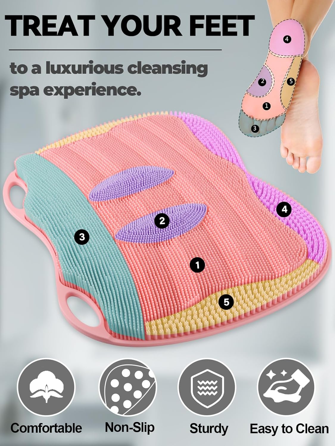 Kalolary Silicone Shower Foot Scrubber Mat, Large Foot Scrubber in Shower with Non Slip Suction Cups Foot Cleaner Brush to Clean Exfoliate and Massage Feet Without Bending Over Easy to Clean (Pink)