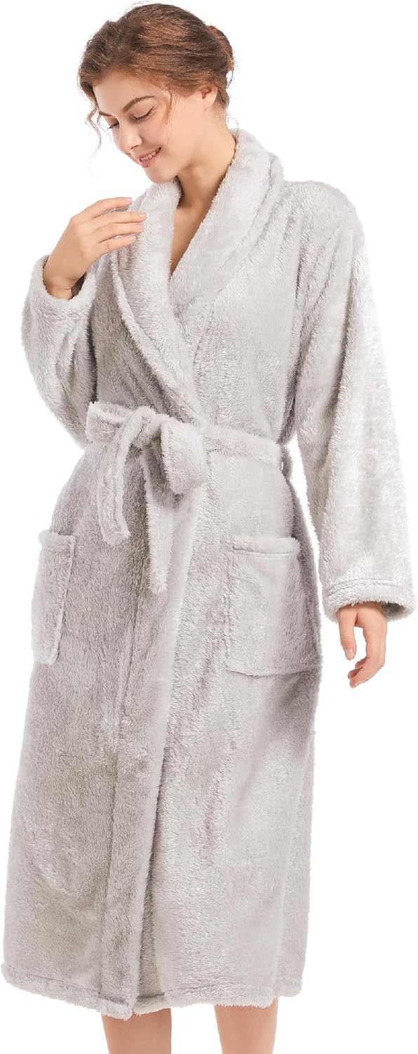 Inner Wish Womens Plush Fleece Robe, Cozy Warm Bathrobe Fuzzy Female Spa Robe With Pockets
