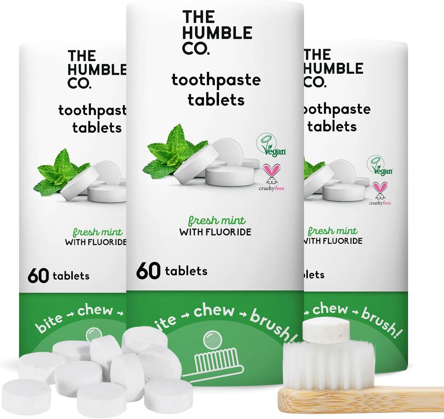 The Humble Co. Mint Toothpaste Tablets, 3 PK – Anticavity Fluoride Toothpaste Tablets with All Natural Ingredients, Dentist Developed Formula - Vegan, SLS Free, Plastic Free (Mint, 180 Count)