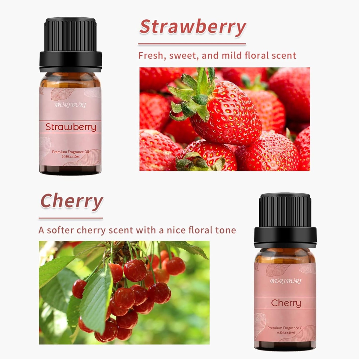BURIBURI Fruit Essential Oils Gift Set 4Pack - Premium Fruity Fragrance - Strawberry, Cherry, Mango, Coconut for Diffusers, Home, Candle & Soap Making