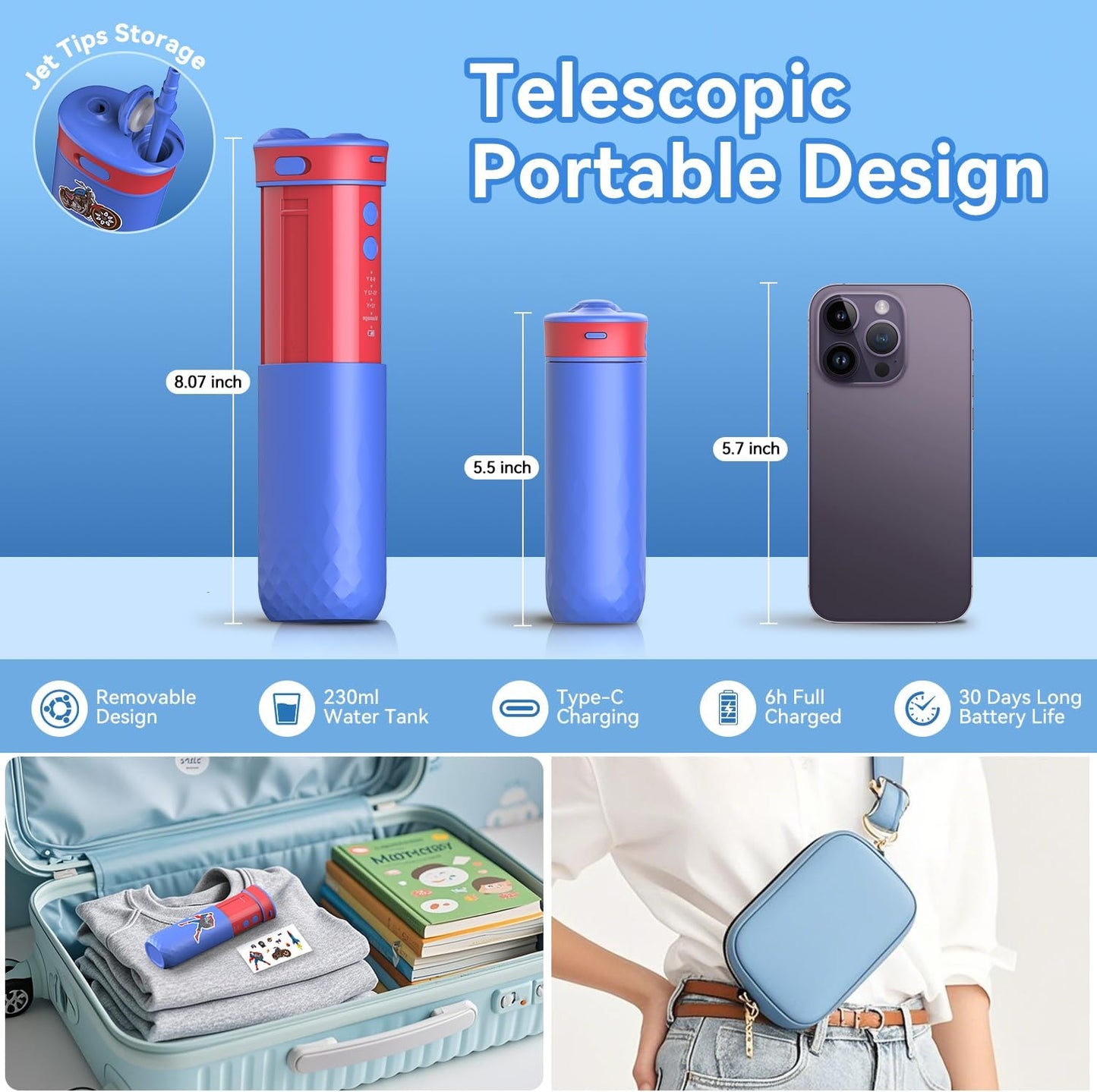 JTF Kids Water Dental Flosser: Rechargeable Portable Oral Irrigator with 4 Flossing Modes 230ml Tank 4 Tips Travel Bag Waterproof Stickers, Cordless Electric Flossers for Teeth Gum Braces Care, Age 6+