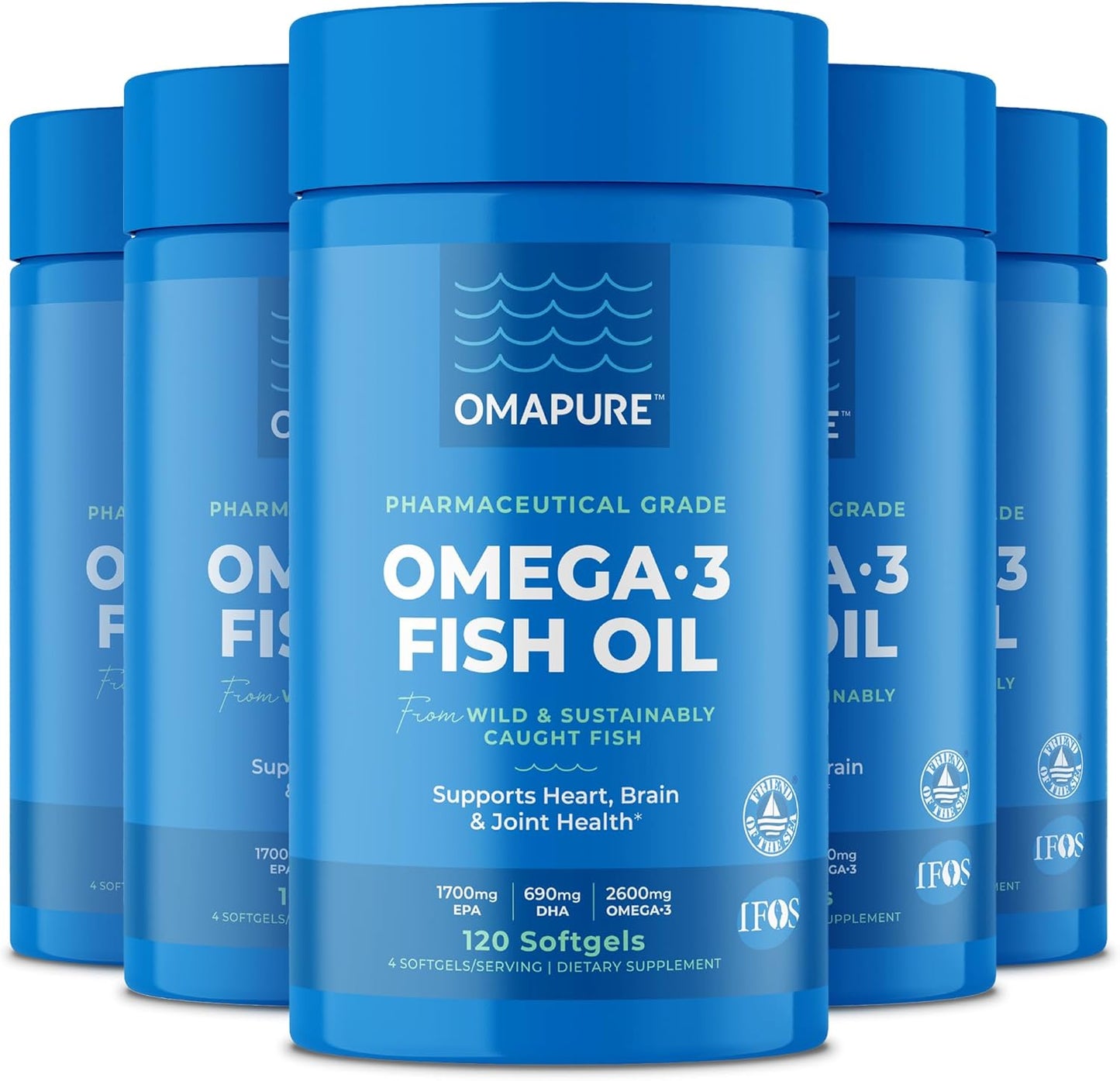 Fish Oil Supplements with Omega 3 Fatty Acids (5 Bottle, 120 Softgels) - High EPA, DHA, & IFOS Fish Oil Pills Support Heart & Joint Health - Burpless Fish Oil Promotes Brain Function
