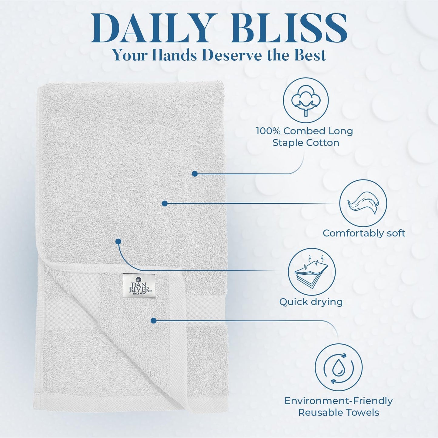 DAN RIVER 6-Pack Premium Hand Towels (16x28 Inches) - 100% Cotton, Ultra Soft, Lightweight, Highly Absorbent Towels for Bathroom, Spa, Gym, Salon, Hotel, and Travel - 550 GSM – White